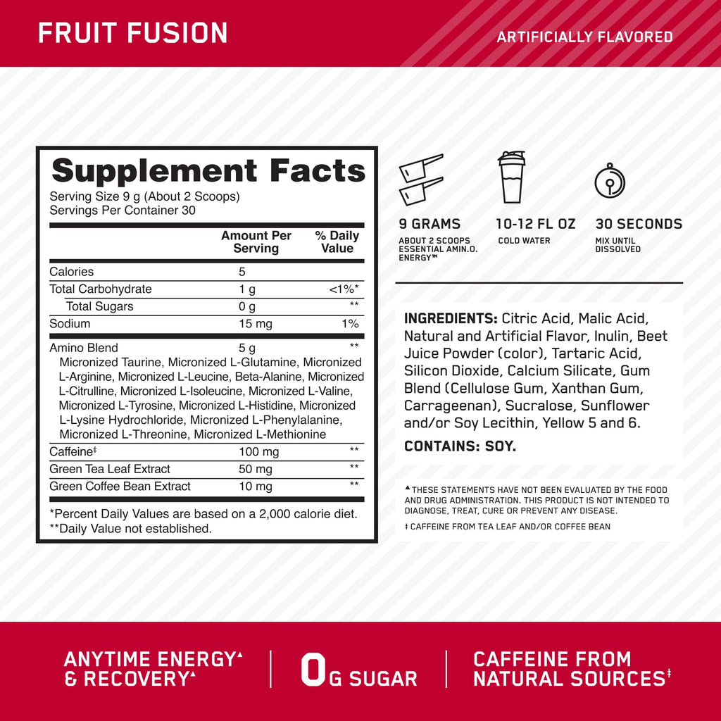 Optimum Nutrition, Essential Amino Energy, Powder, Fruit Fusion, 9.5 Oz, 30 Servings