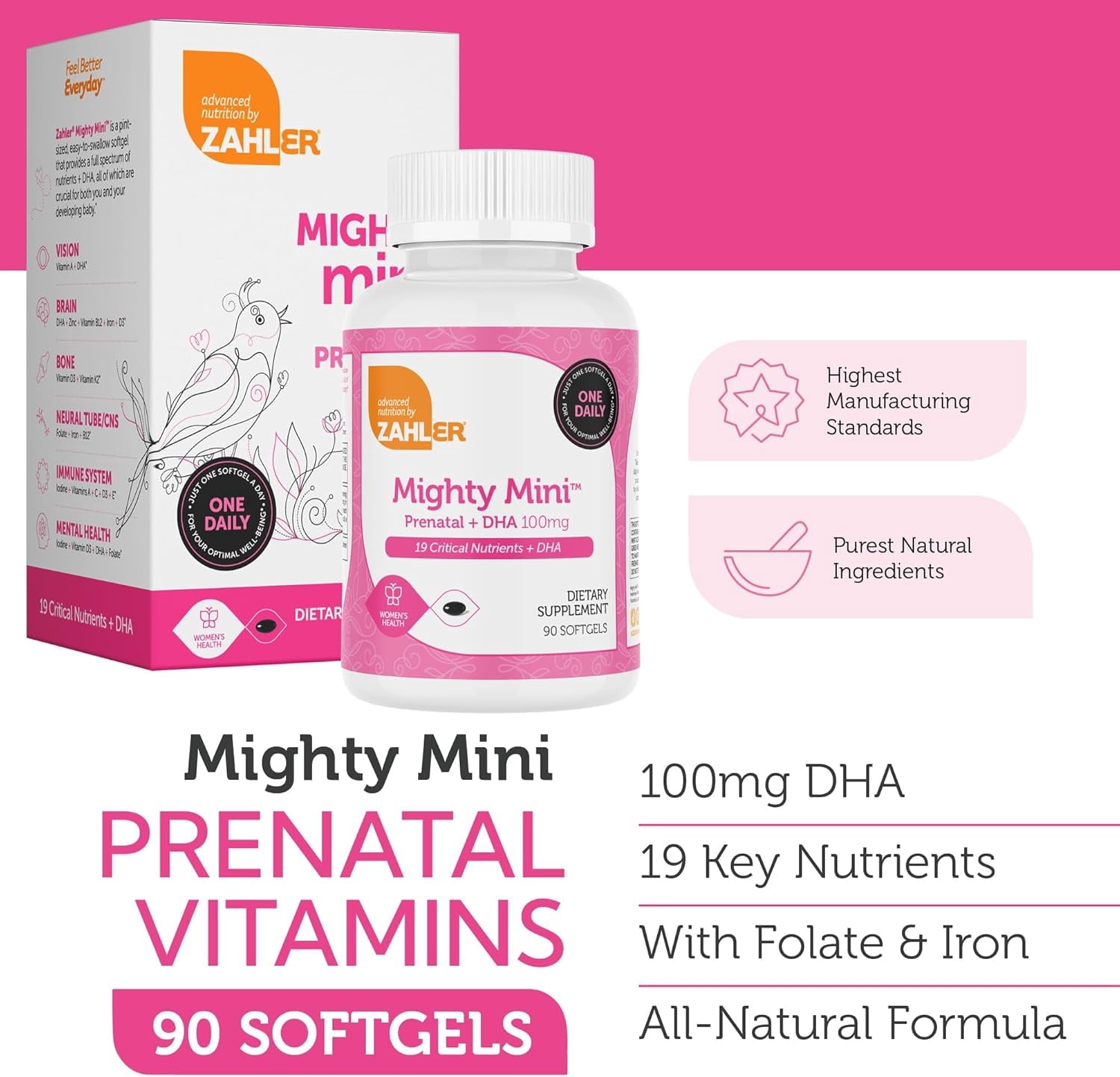 Zahler Mighty Mini Prenatal Vitamin with DHA &amp; Folate, 90 Softgels, Multivitamins for Women, Prenatal Support, Pregnancy Vitamins