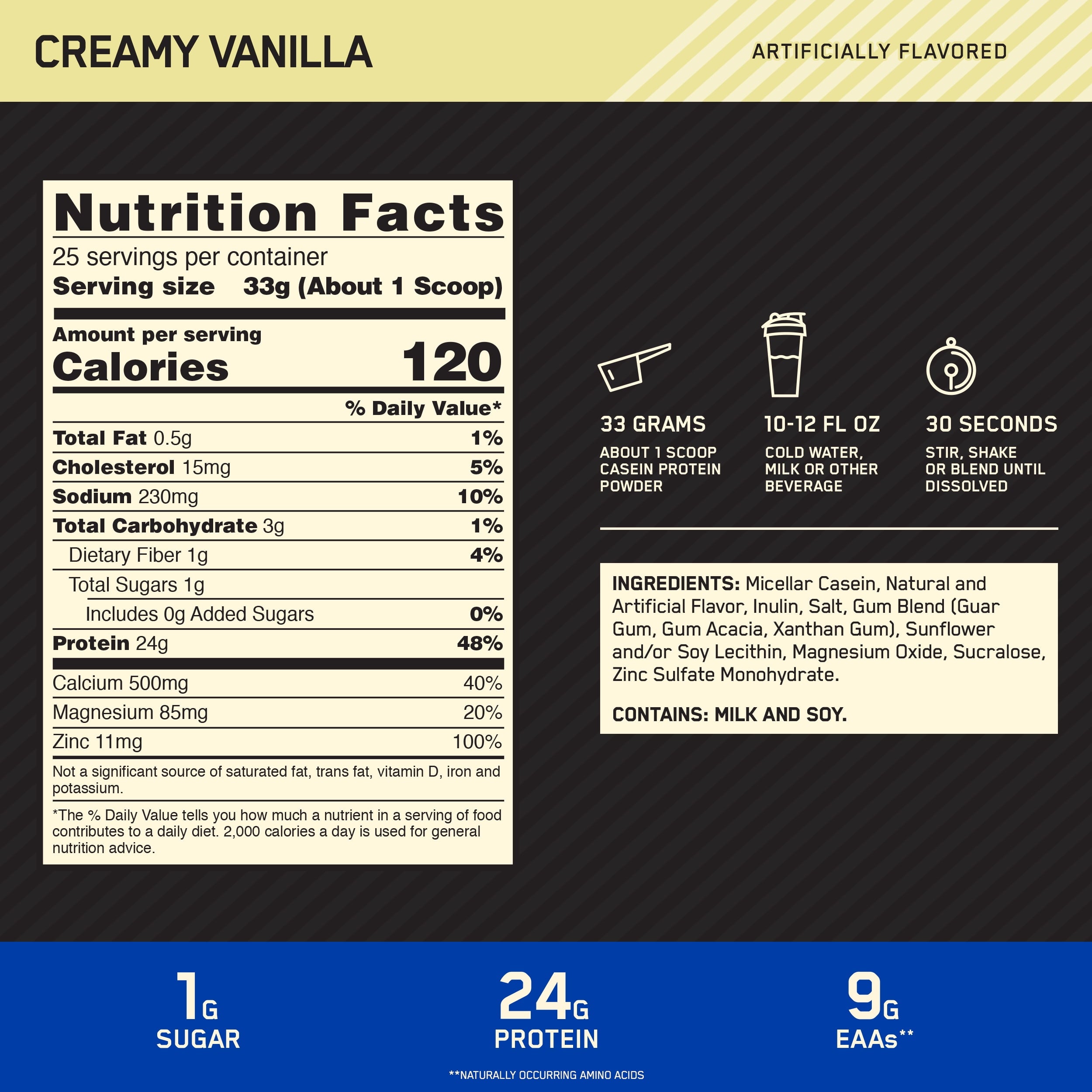 Optimum Nutrition Gold Standard 100% Casein Protein Powder, Vanilla, 24g Protein, 2 Lb