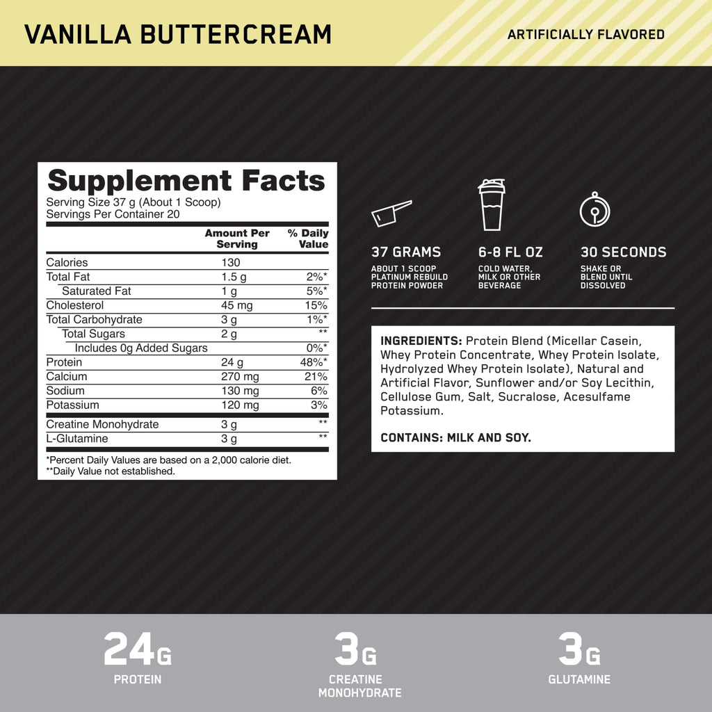 Optimum Nutrition Platinum Rebuild, Platinum Blend Protein Powder with Creatine, Vanilla Buttercream, 20 Servings