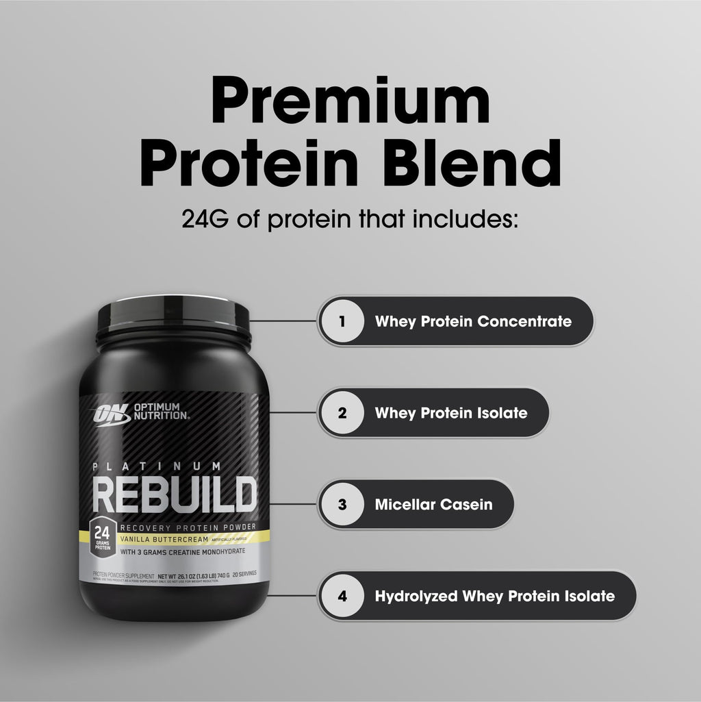 Optimum Nutrition Platinum Rebuild, Platinum Blend Protein Powder with Creatine, Vanilla Buttercream, 20 Servings