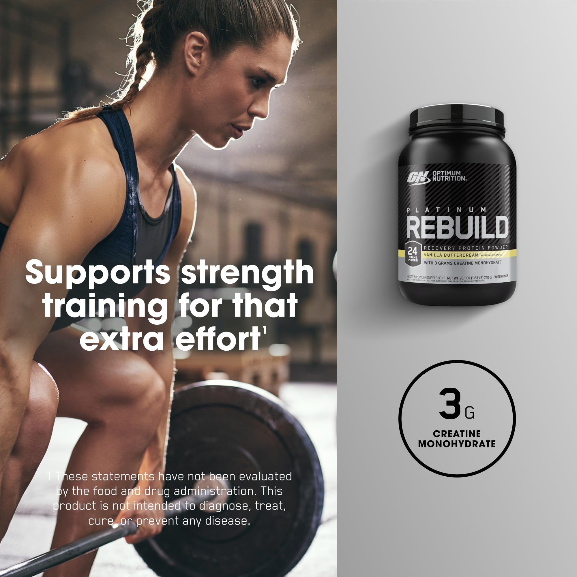 Optimum Nutrition Platinum Rebuild, Platinum Blend Protein Powder with Creatine, Vanilla Buttercream, 20 Servings