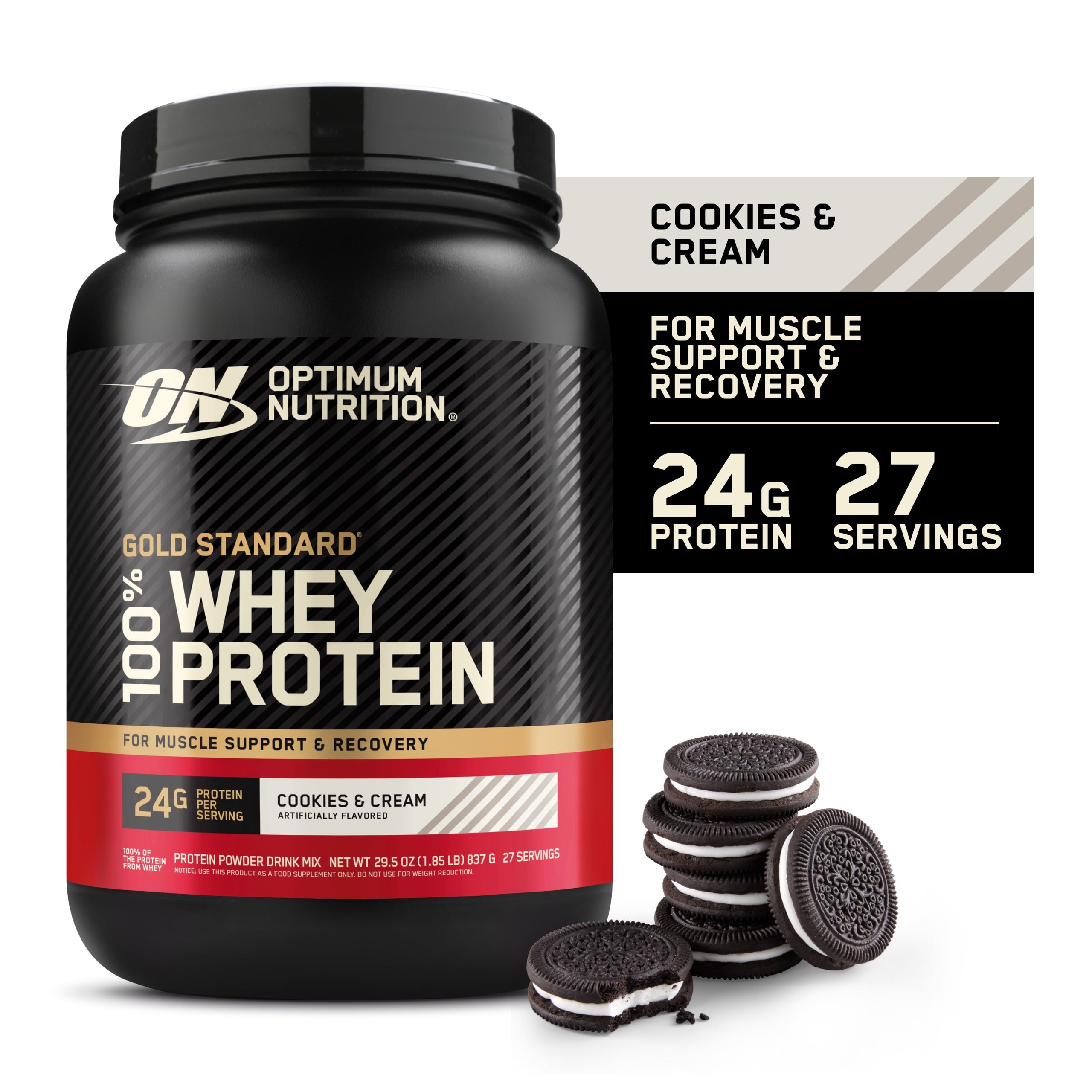 Optimum Nutrition Gold Standard 100% Whey Protein Powder, Cookies &amp; Cream, 24g Protein, 2 Lb