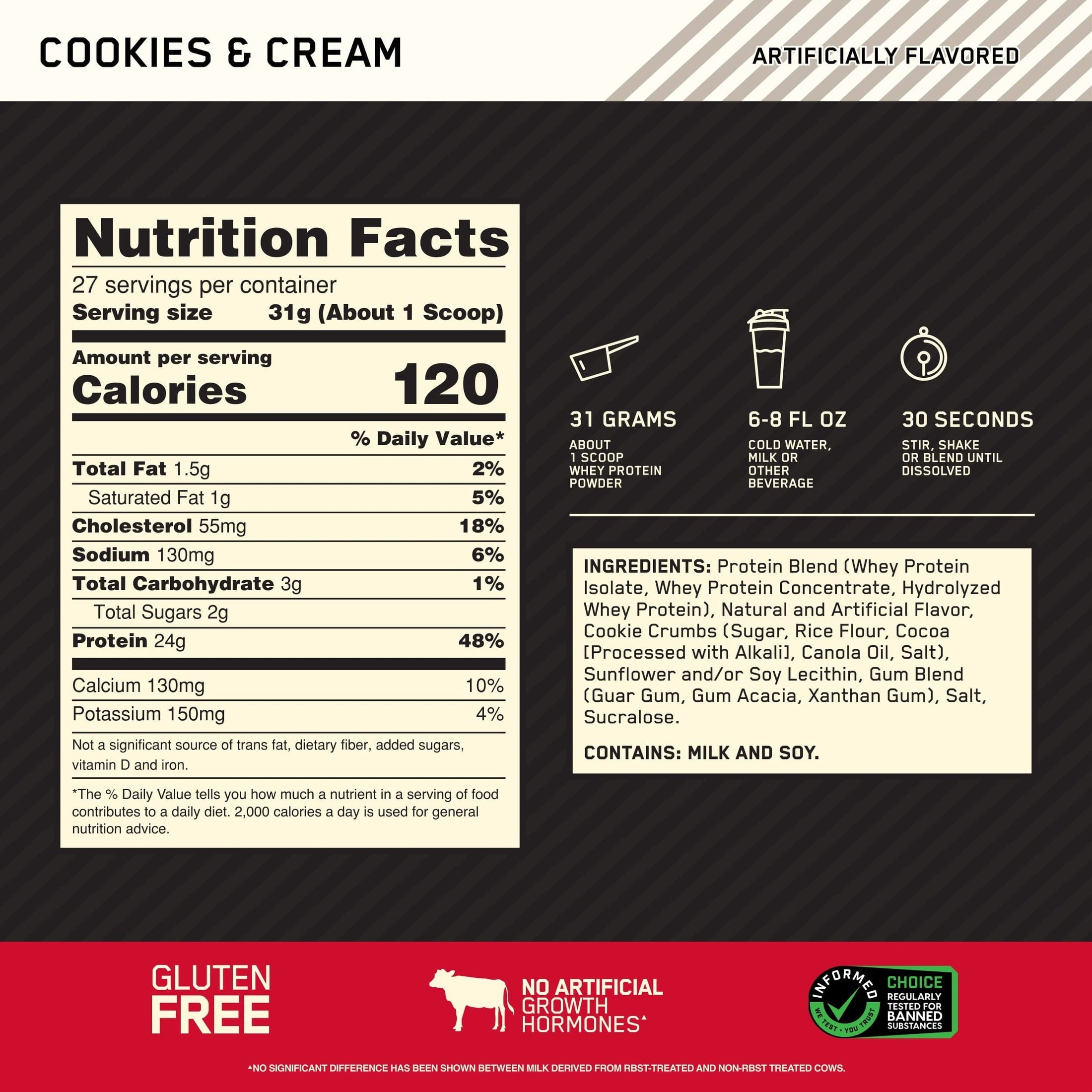 Optimum Nutrition Gold Standard 100% Whey Protein Powder, Cookies &amp; Cream, 24g Protein, 2 Lb