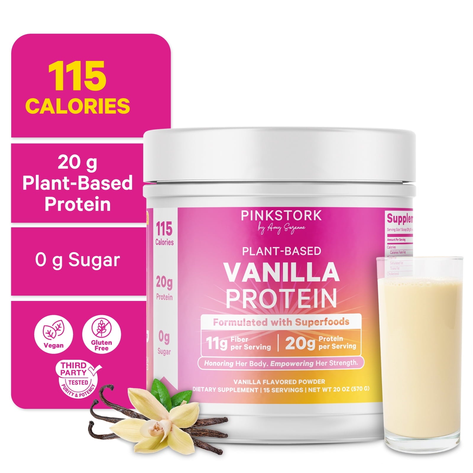 Pink Stork Protein Powder for Women, 20g Plant Based Protein Powder with Fiber + Superfoods, Gluten Free, Dairy Free, Sugar Free, Vanilla Protein Shake - 15 Scoops