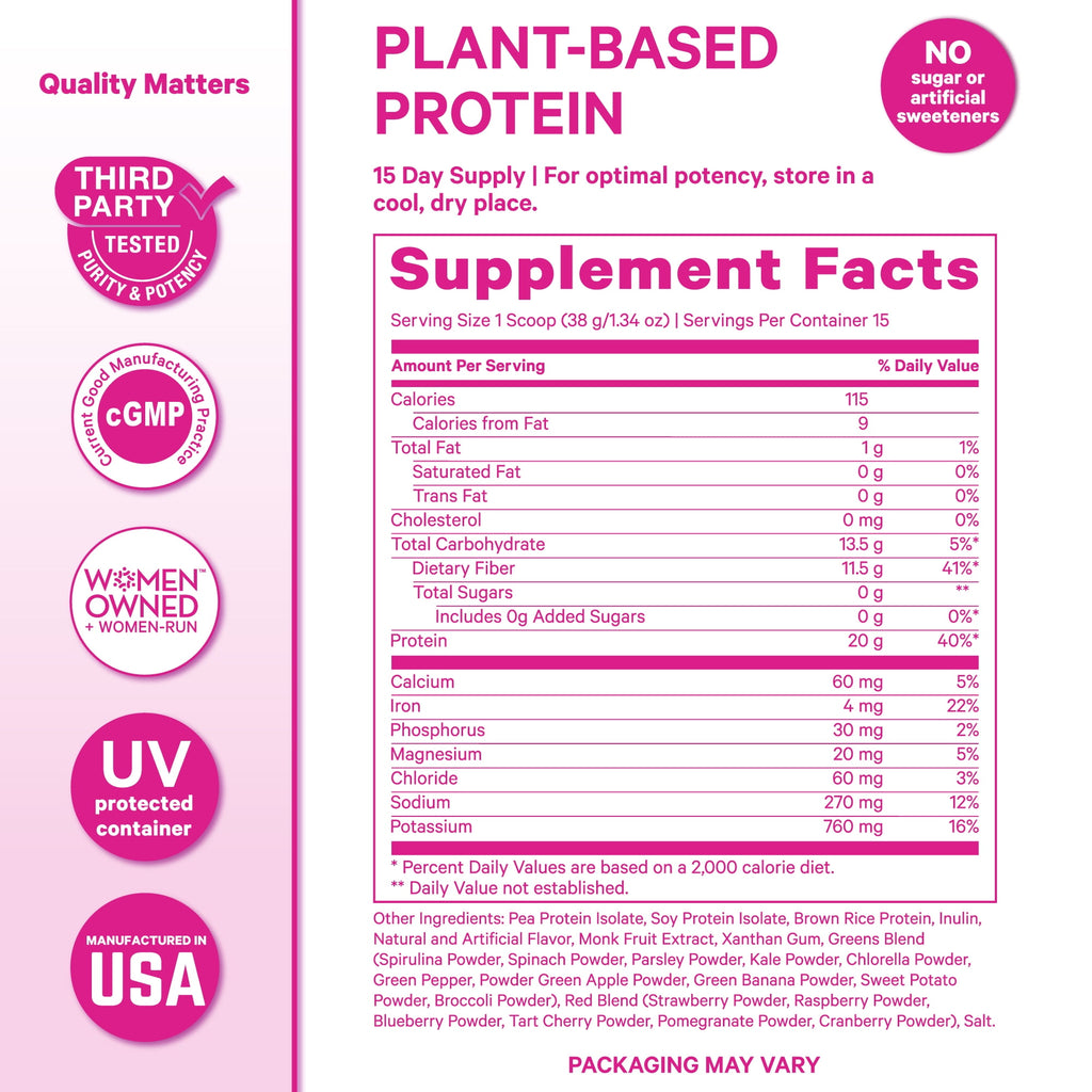 Pink Stork Protein Powder for Women, 20g Plant Based Protein Powder with Fiber + Superfoods, Gluten Free, Dairy Free, Sugar Free, Vanilla Protein Shake - 15 Scoops