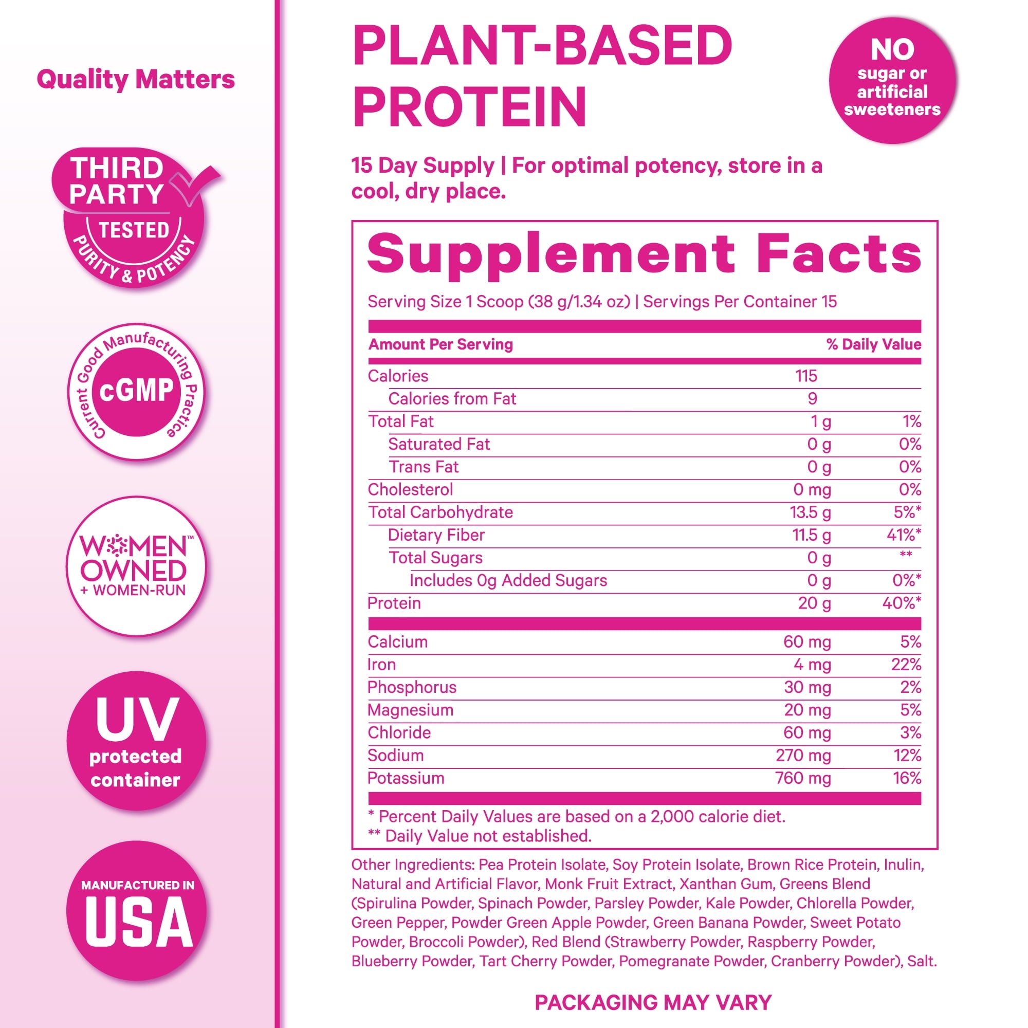 Pink Stork Protein Powder for Women, 20g Plant Based Protein Powder with Fiber + Superfoods, Gluten Free, Dairy Free, Sugar Free, Vanilla Protein Shake - 15 Scoops