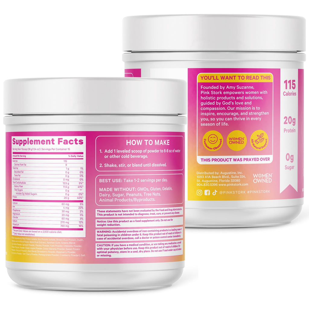 Pink Stork Protein Powder for Women, 20g Plant Based Protein Powder with Fiber + Superfoods, Gluten Free, Dairy Free, Sugar Free, Vanilla Protein Shake - 15 Scoops