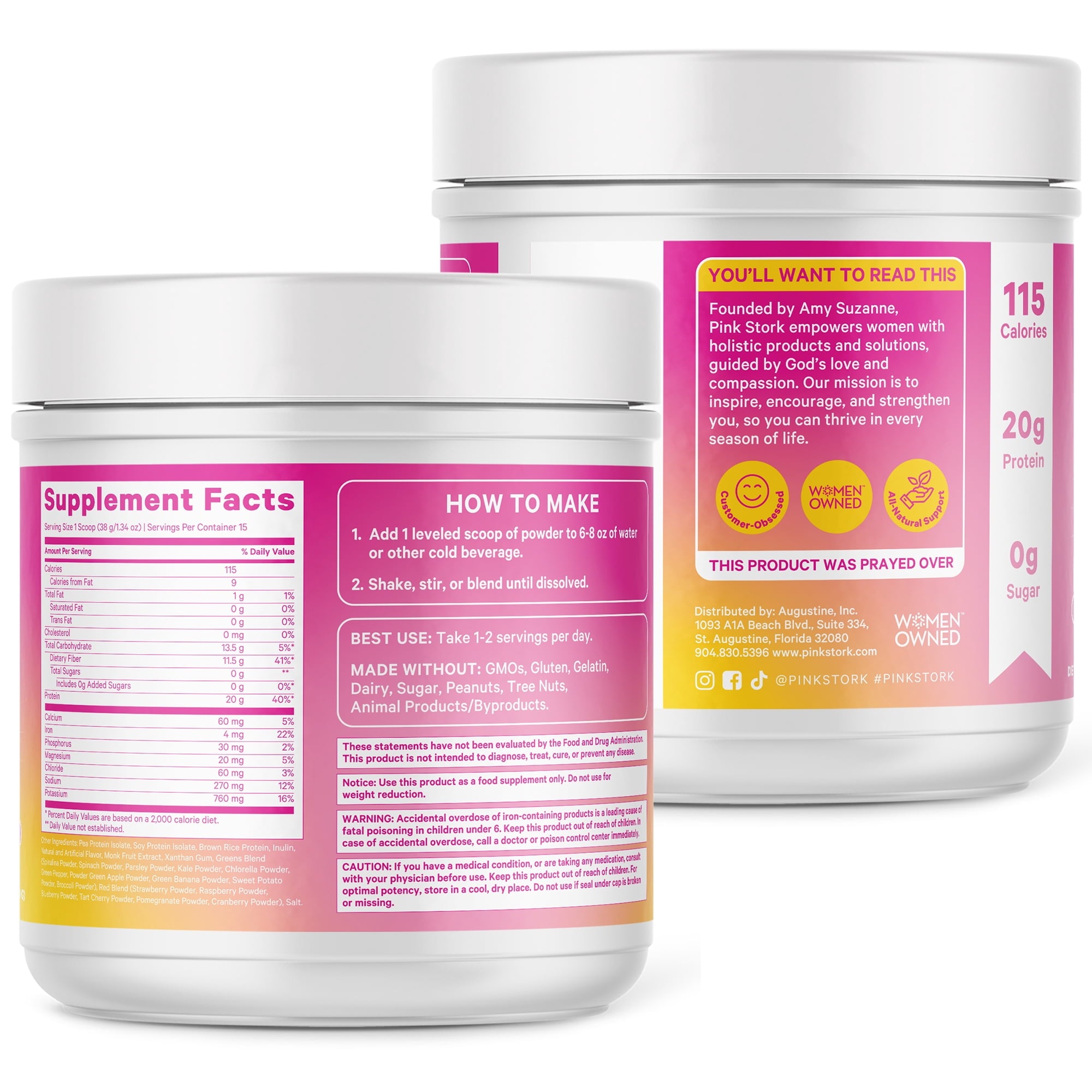 Pink Stork Protein Powder for Women, 20g Plant Based Protein Powder with Fiber + Superfoods, Gluten Free, Dairy Free, Sugar Free, Vanilla Protein Shake - 15 Scoops