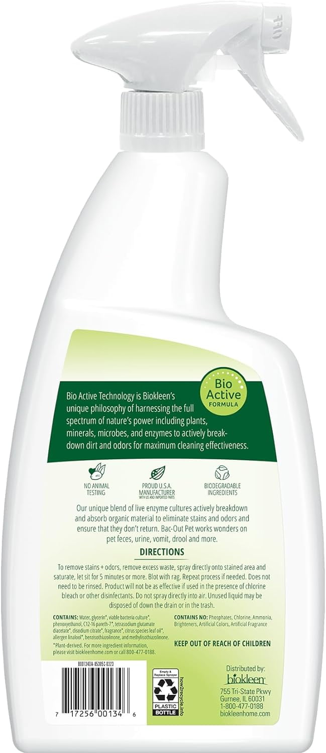 Biokleen Bac-Out Pet Urine Odor Eliminator - 32 Ounce Spray 2 Pack - Enzymatic, Natural, Destroys Stains &amp; Odors Safely, for Pet Stains on Carpets &amp; Furniture - Micro Towel Included
