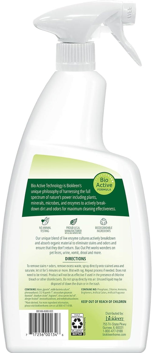 Biokleen Bac-Out Pet Urine Odor Eliminator - 32 Ounce Spray 2 Pack - Enzymatic, Natural, Destroys Stains &amp; Odors Safely, for Pet Stains on Carpets &amp; Furniture - Micro Towel Included