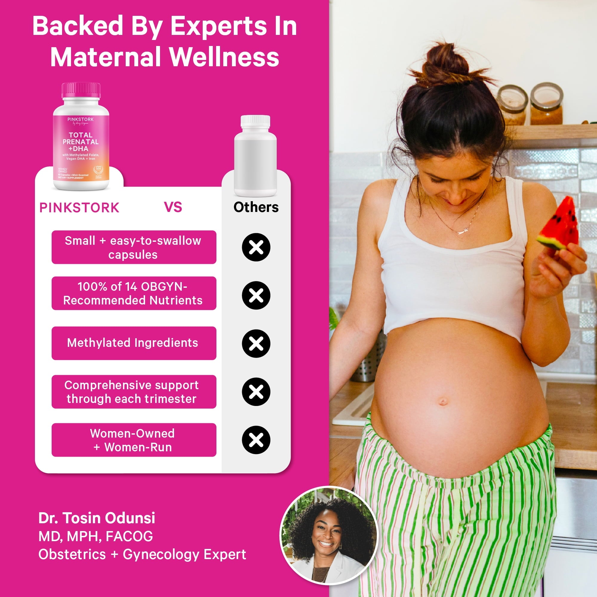Pink Stork Total Prenatal Vitamins with DHA, Biotin, Folate, Choline, Iron - Non GMO, 60 Daily Capsules