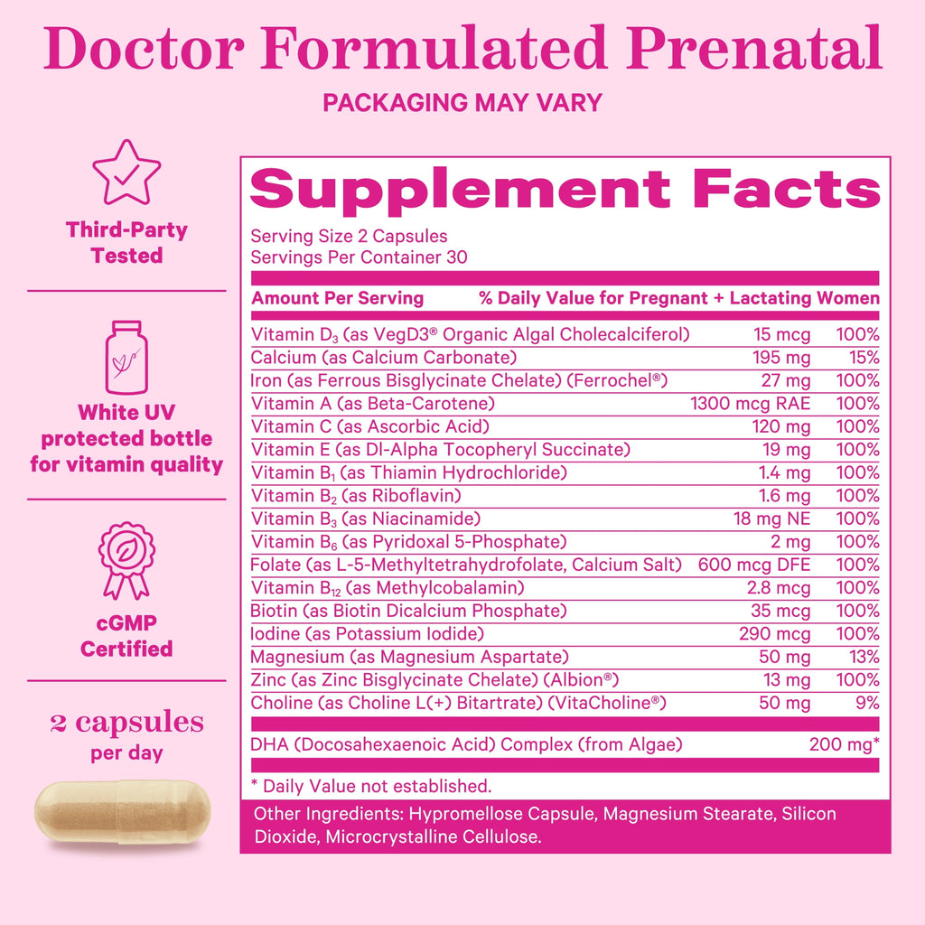 Pink Stork Total Prenatal Vitamins with DHA, Biotin, Folate, Choline, Iron - Non GMO, 60 Daily Capsules