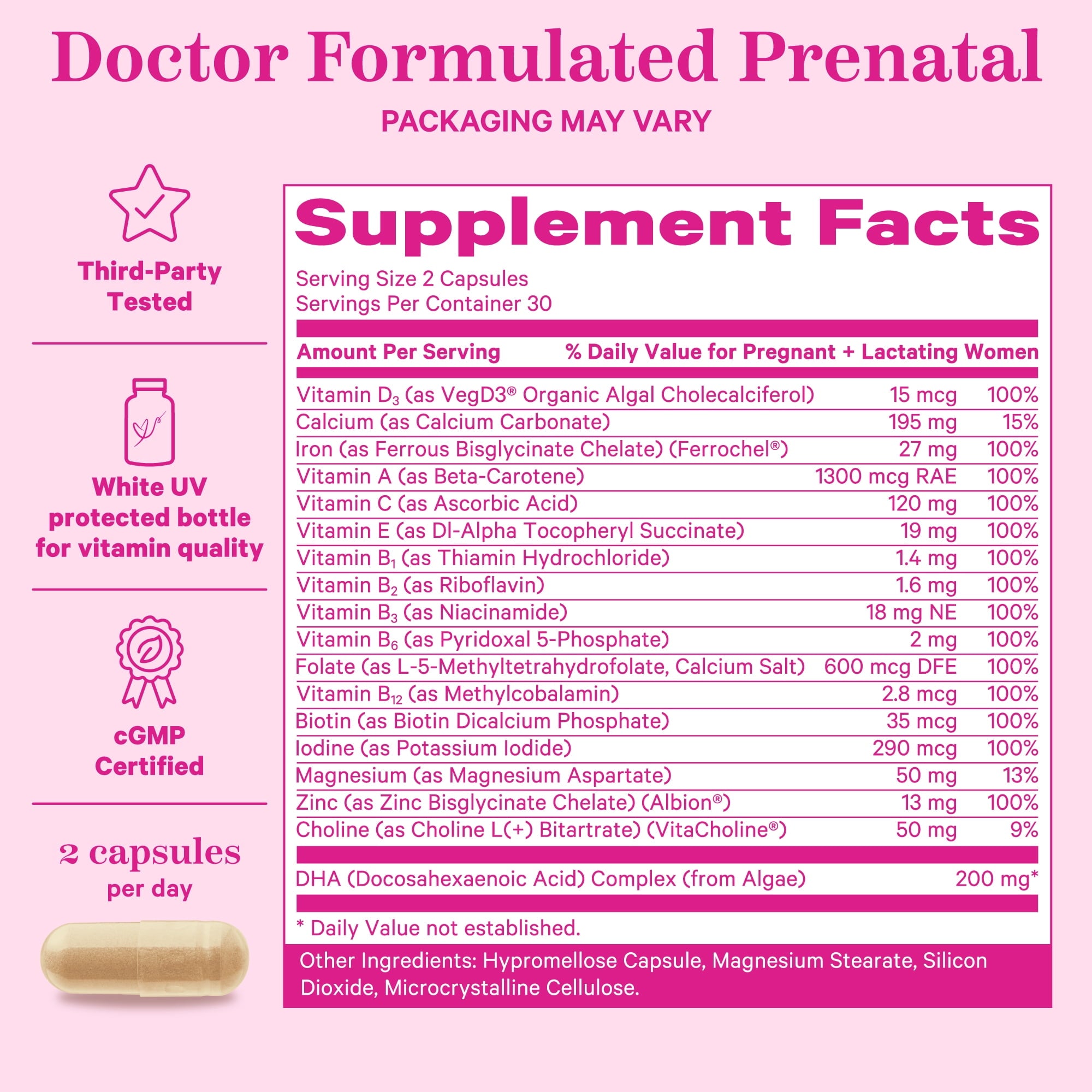 Pink Stork Total Prenatal Vitamins with DHA, Biotin, Folate, Choline, Iron - Non GMO, 60 Daily Capsules