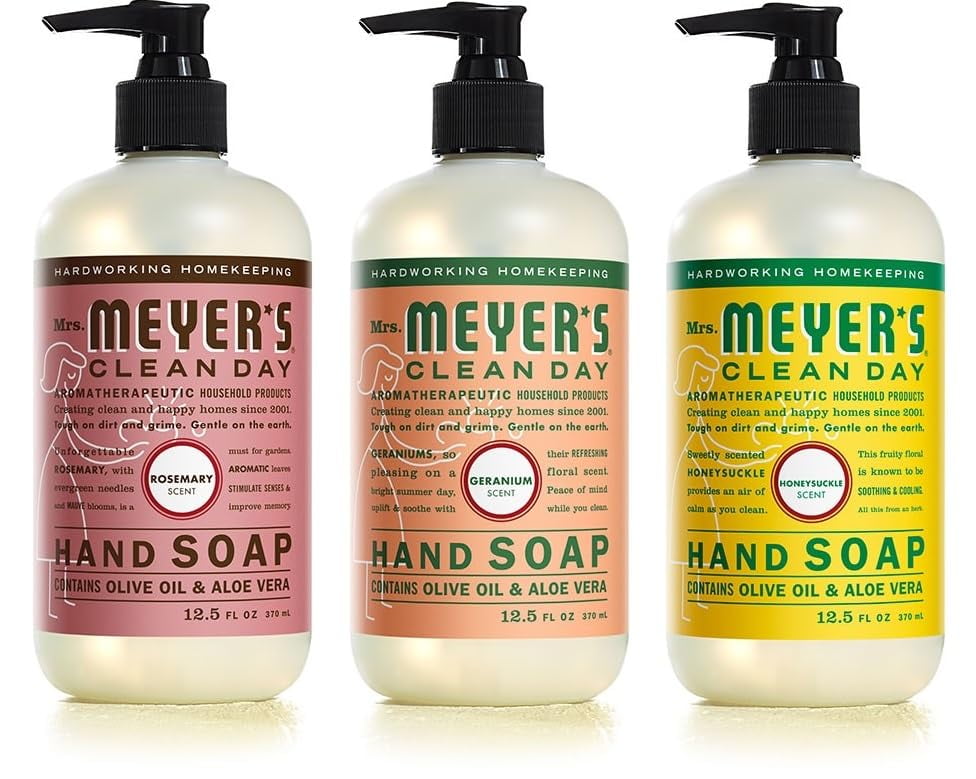 Mrs. Meyer's Clean Day Liquid Hand Soap 3 Scent Variety Pack, Rosemary, Geranium, Honeysuckle, 12.5 oz Each, 3 Count