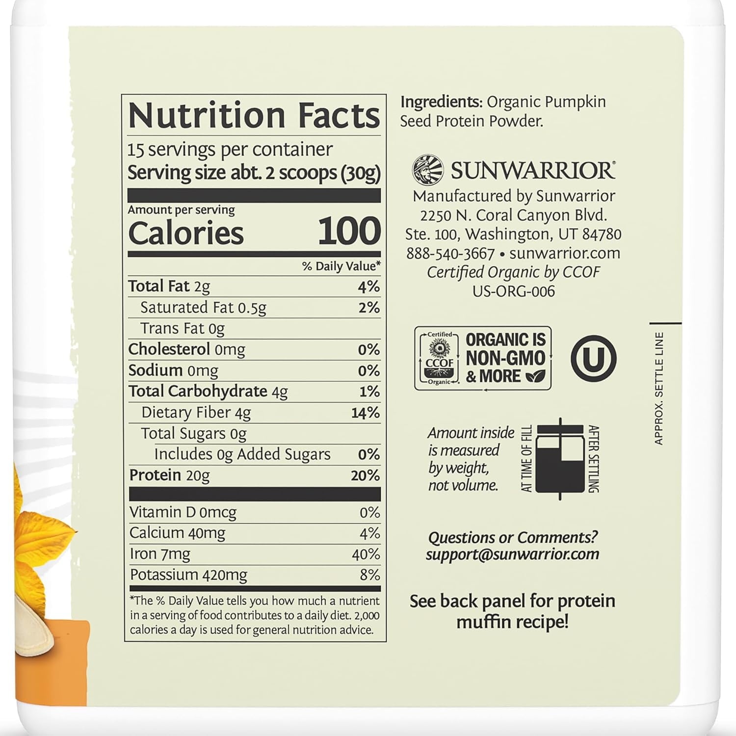 Sunwarrior Harvest Organic Pumpkin Seed Protein Powder, 20g Protein, Unflavored, 15.8 oz