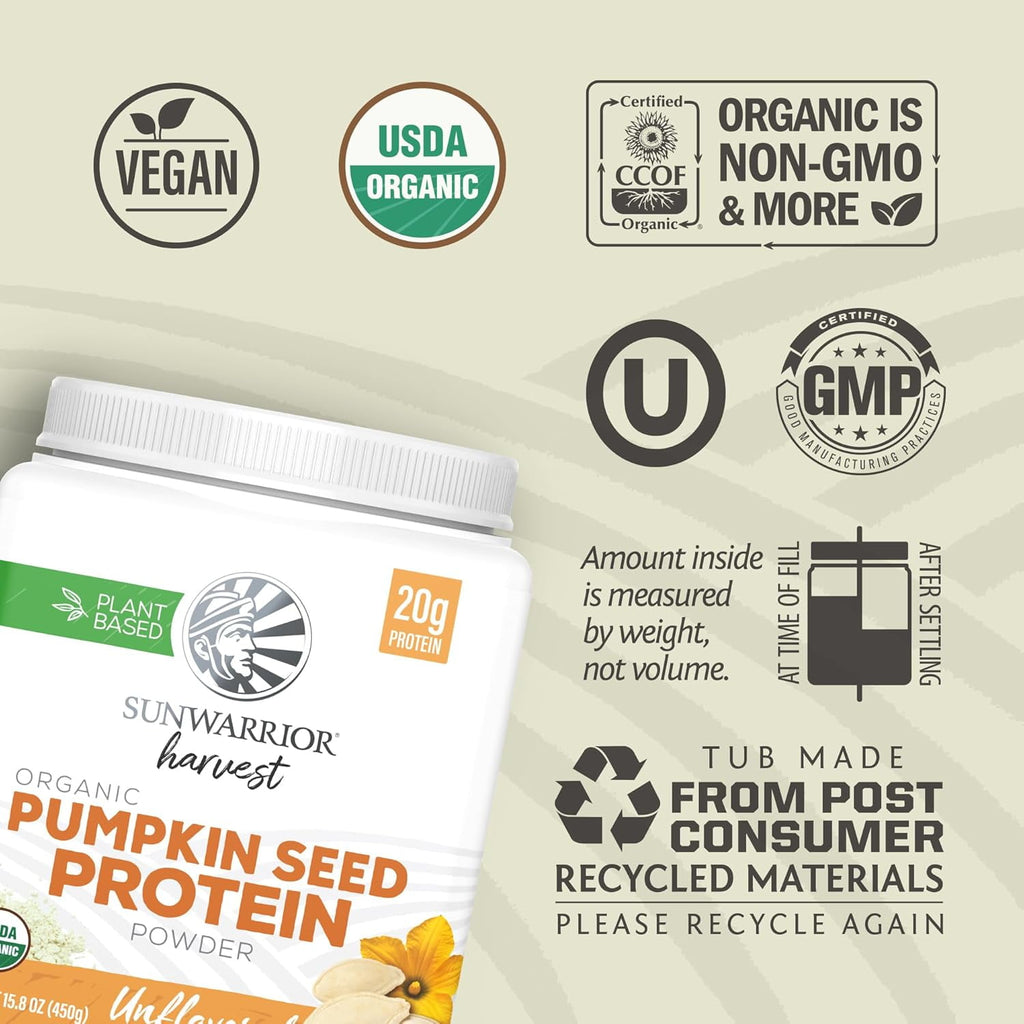Sunwarrior Harvest Organic Pumpkin Seed Protein Powder, 20g Protein, Unflavored, 15.8 oz