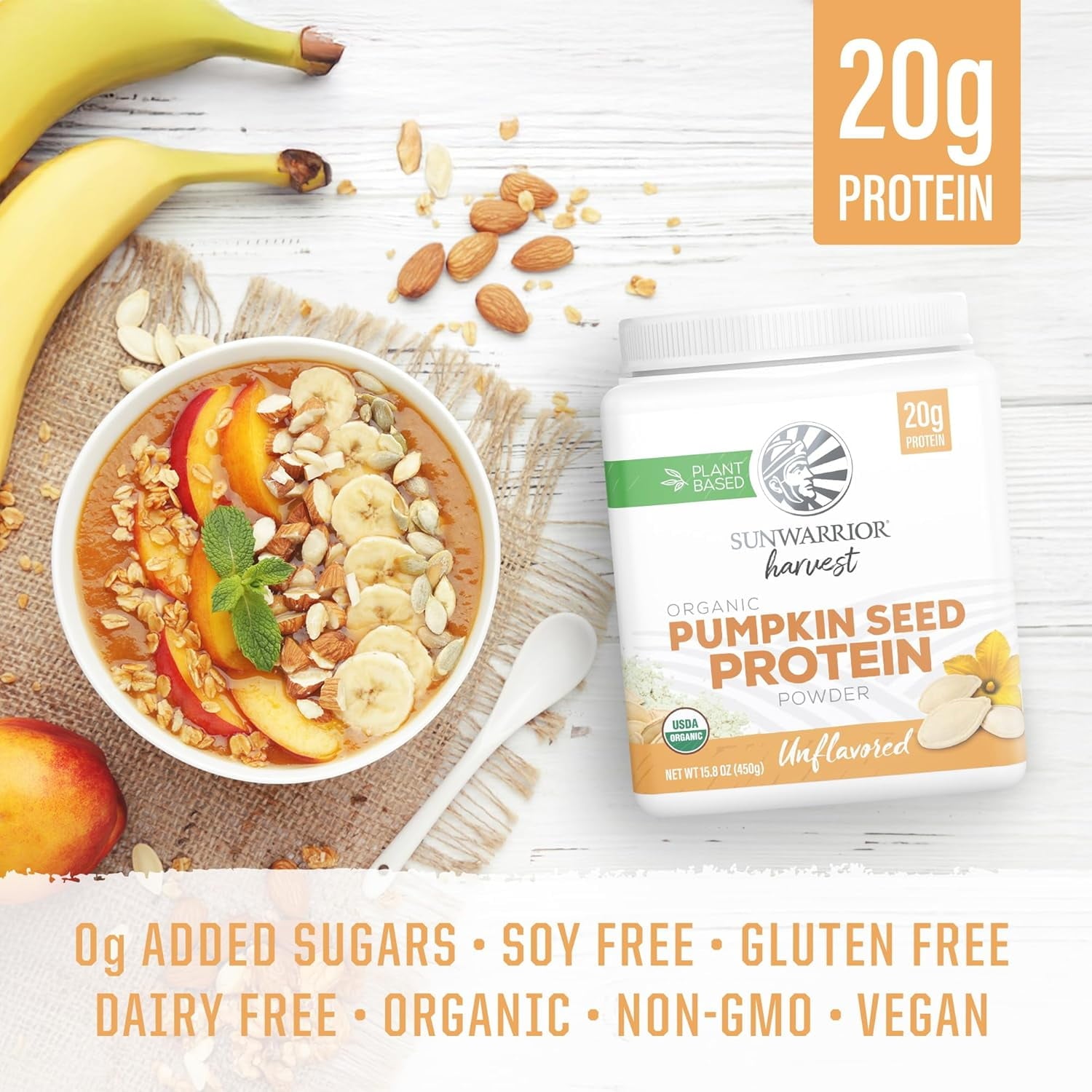 Sunwarrior Harvest Organic Pumpkin Seed Protein Powder, 20g Protein, Unflavored, 15.8 oz