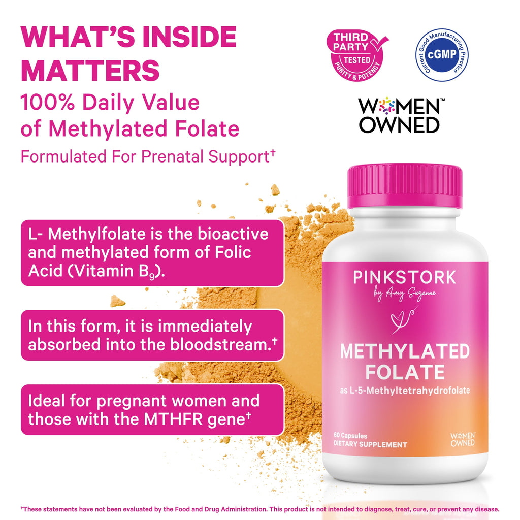 Pink Stork Methylated Folate - Natural Form of Folic Acid for Pregnancy, 60 Capsules