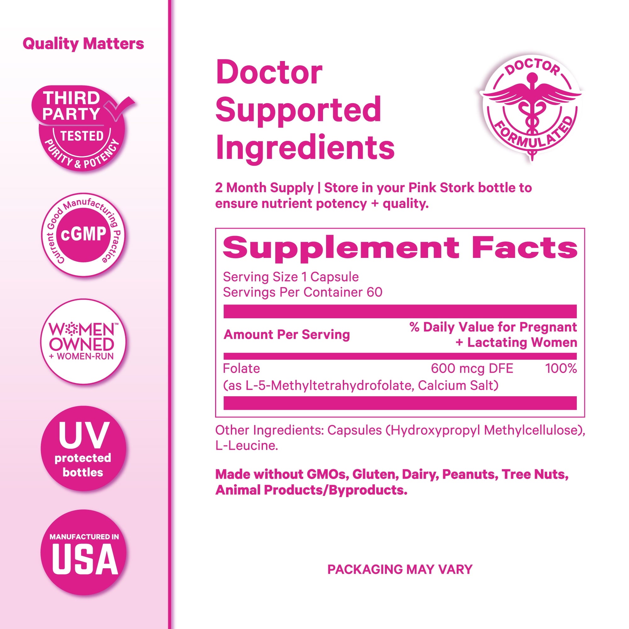 Pink Stork Methylated Folate - Natural Form of Folic Acid for Pregnancy, 60 Capsules