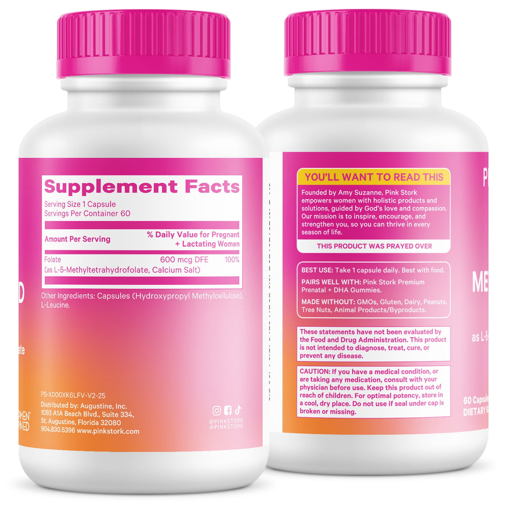 Pink Stork Methylated Folate - Natural Form of Folic Acid for Pregnancy, 60 Capsules