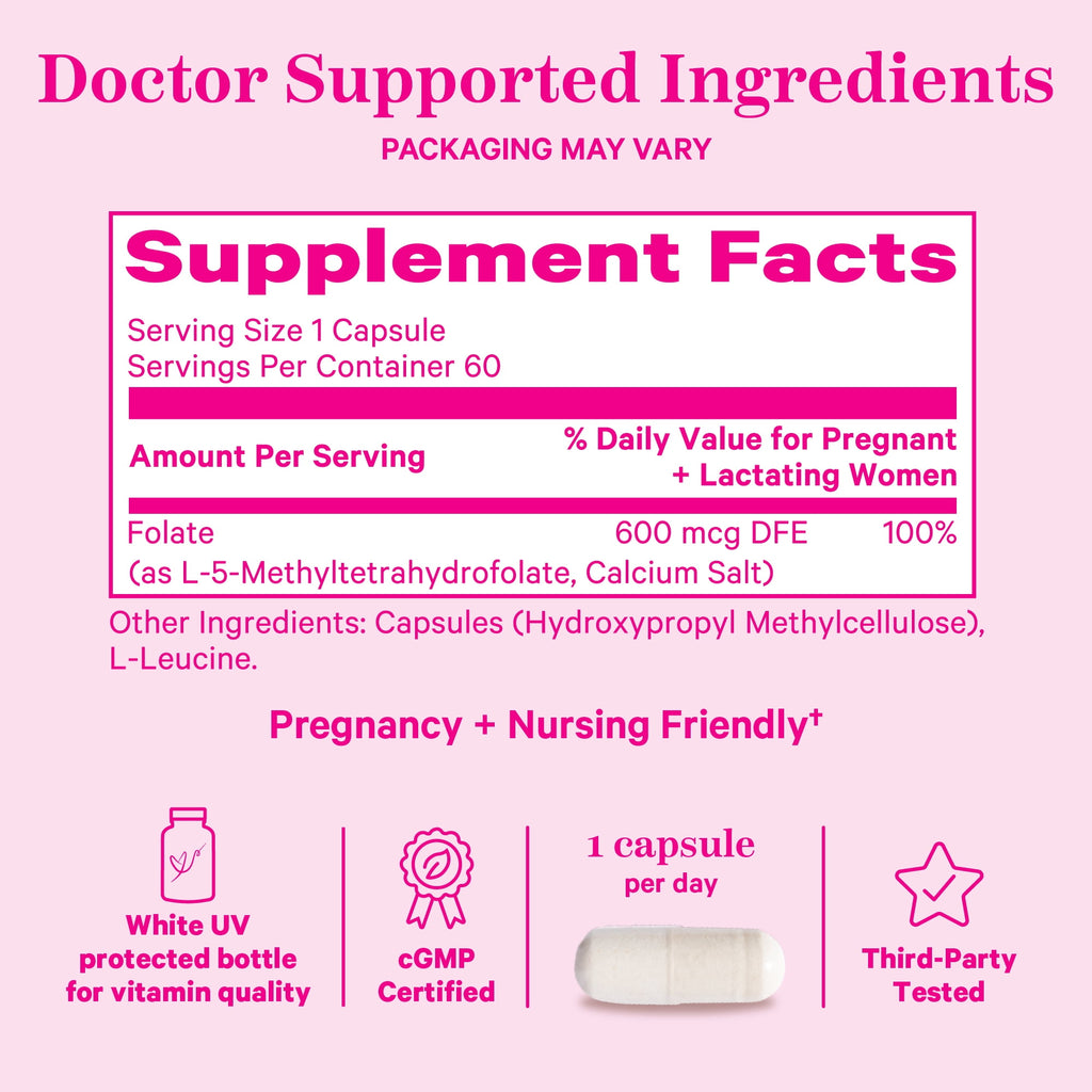 Pink Stork Methylated Folate - Natural Form of Folic Acid for Pregnancy, 60 Capsules
