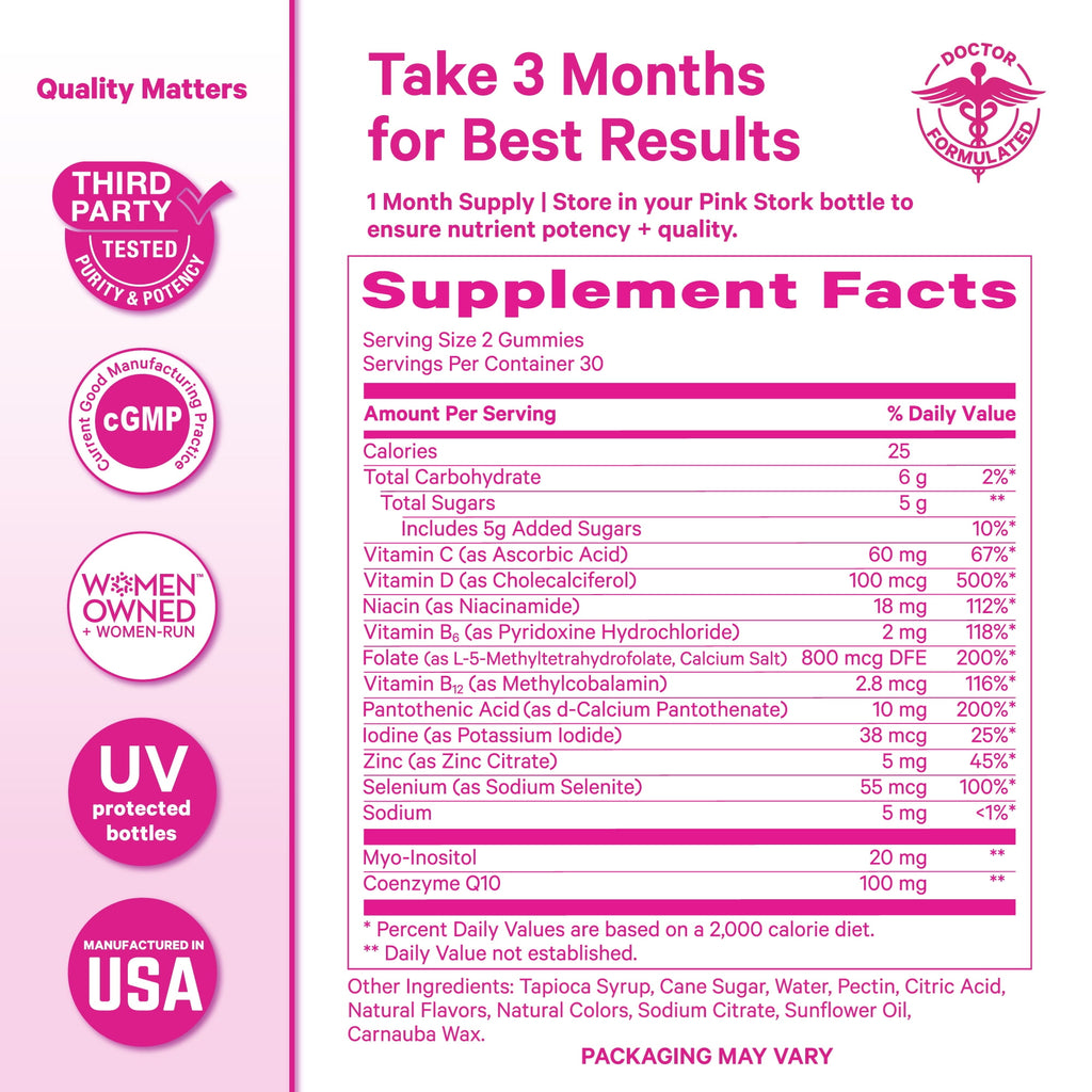 Pink Stork Premium Fertility Gummies: Inositol, Prenatal Vitamin, Gluten Free, 90 Count, Maternity Wellness