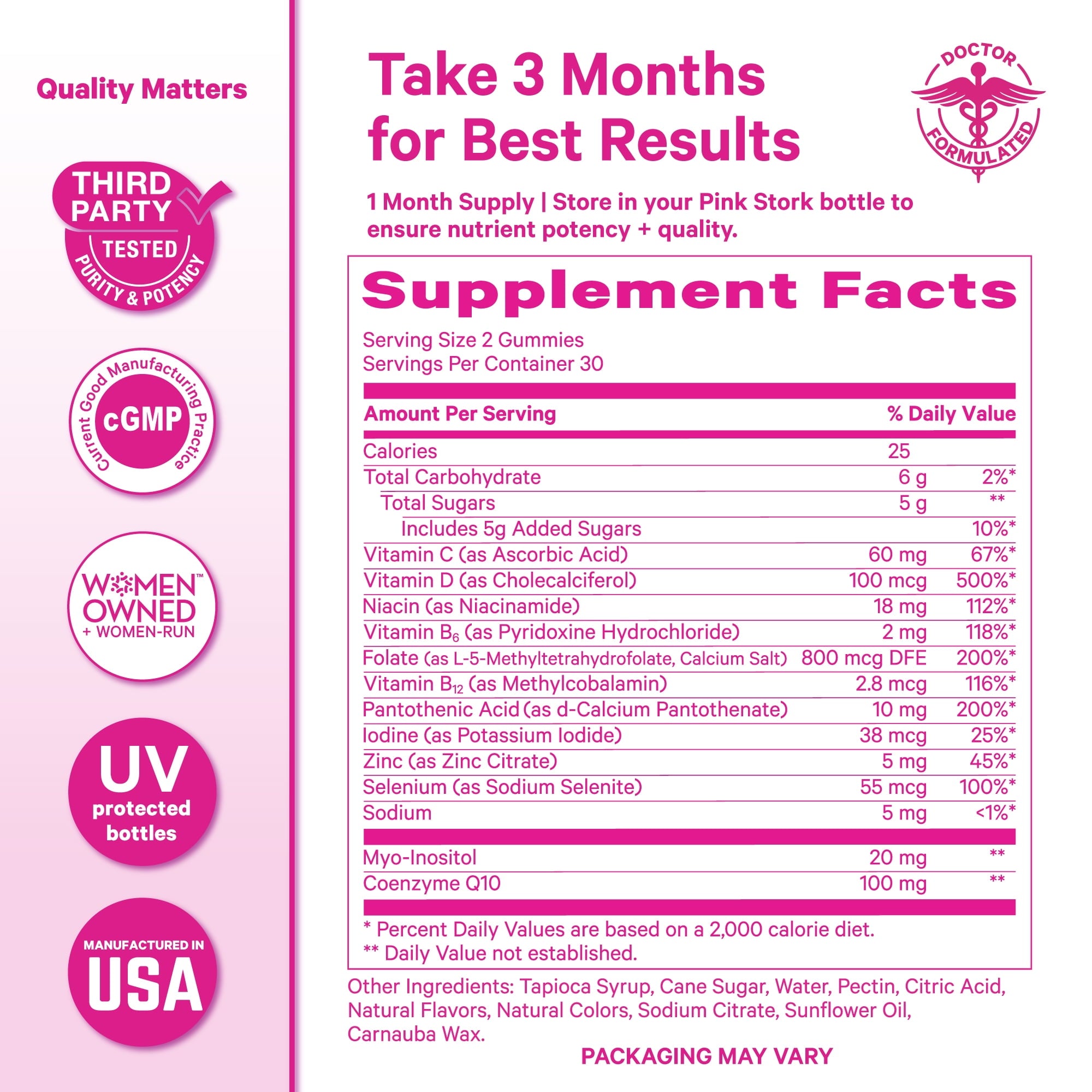 Pink Stork Premium Fertility Gummies: Inositol, Prenatal Vitamin, Gluten Free, 90 Count, Maternity Wellness