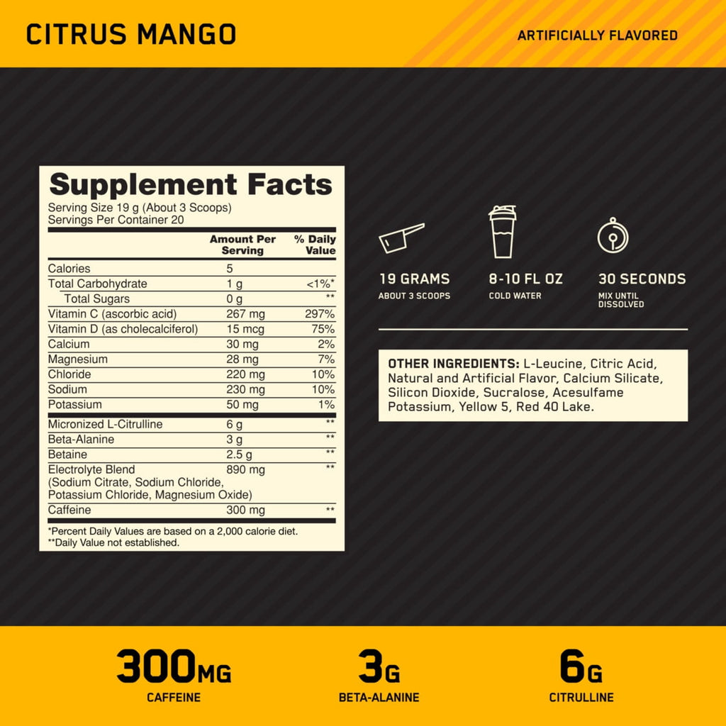 Optimum Nutrition, Pre-Workout Amplifier Powder, Citrus Mango, High Stim, Sugar-Free, Caffeine, 20 Servings