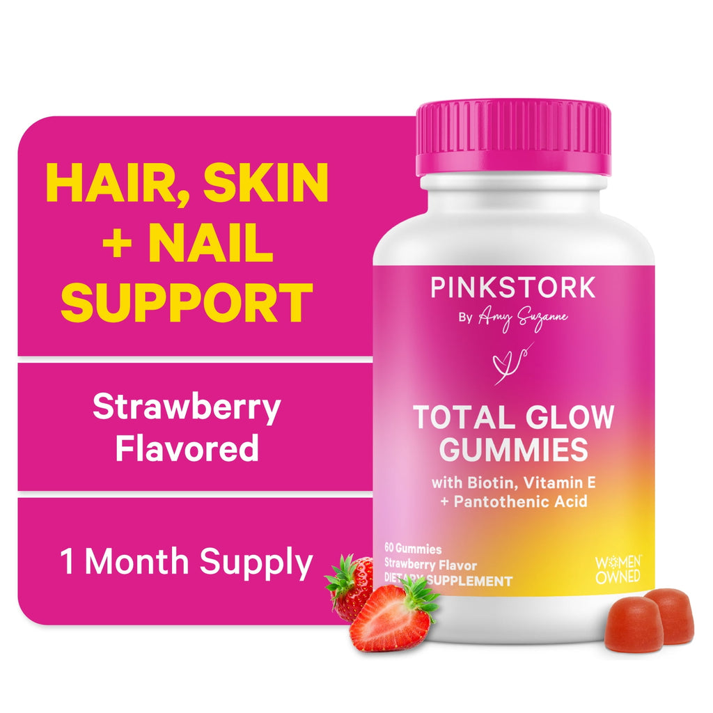 Pink Stork Total Glow Hair, Skin and Nails Gummies with Biotin + B Vitamins, 60 Berry Gummies