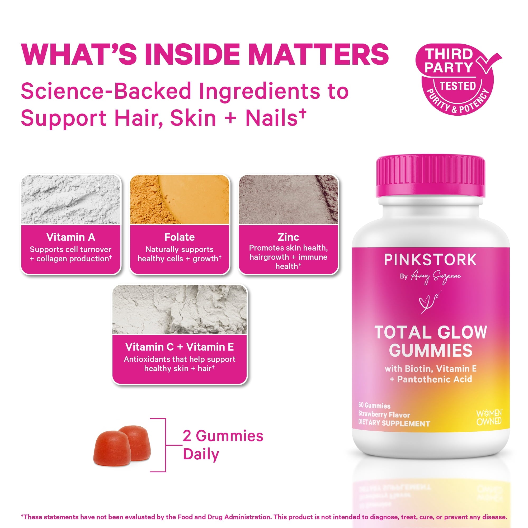 Pink Stork Total Glow Hair, Skin and Nails Gummies with Biotin + B Vitamins, 60 Berry Gummies