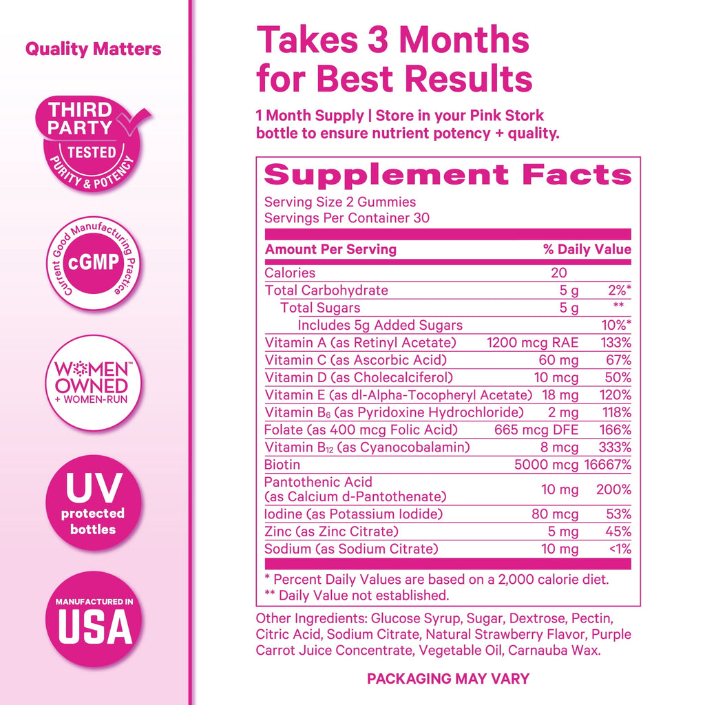 Pink Stork Total Glow Hair, Skin and Nails Gummies with Biotin + B Vitamins, 60 Berry Gummies