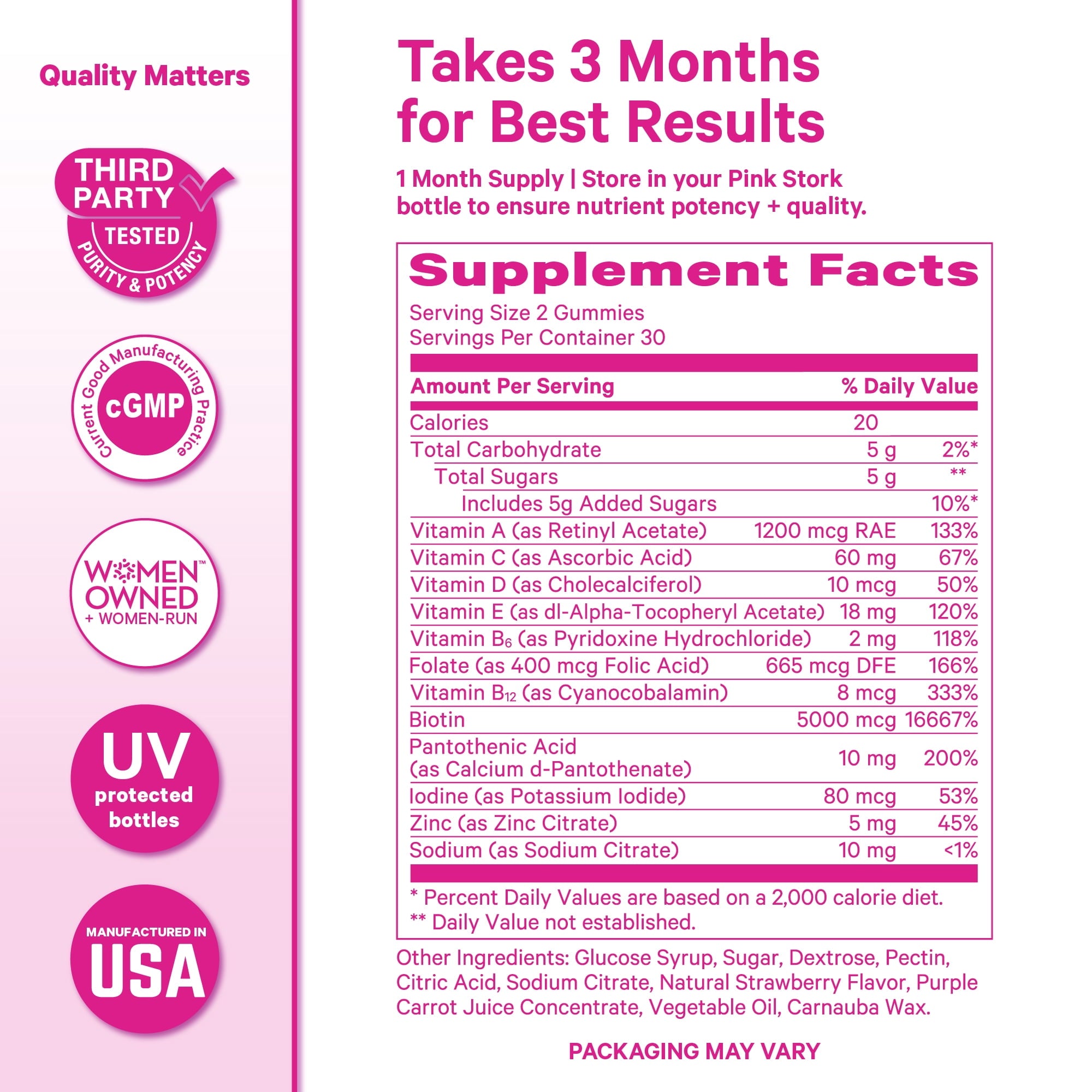 Pink Stork Total Glow Hair, Skin and Nails Gummies with Biotin + B Vitamins, 60 Berry Gummies