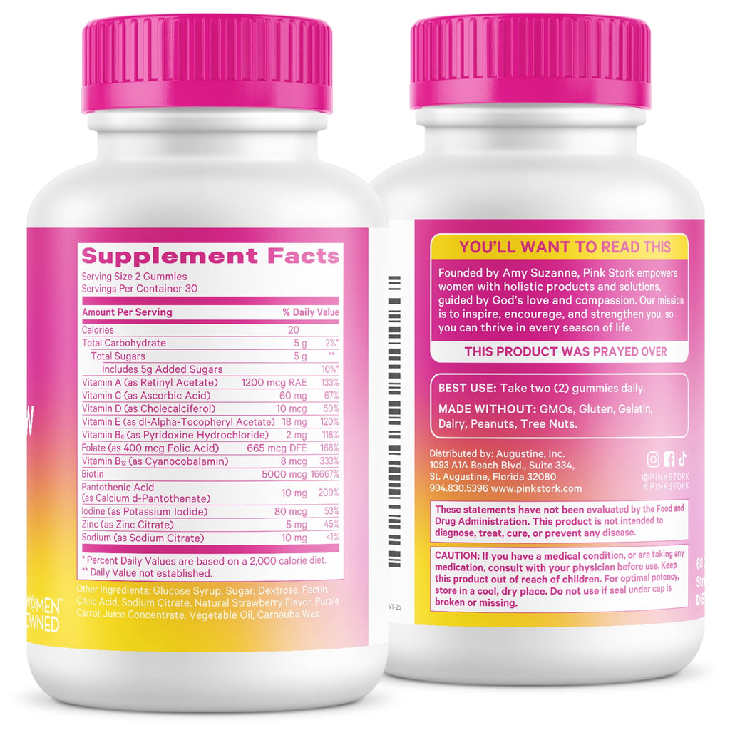 Pink Stork Total Glow Hair, Skin and Nails Gummies with Biotin + B Vitamins, 60 Berry Gummies