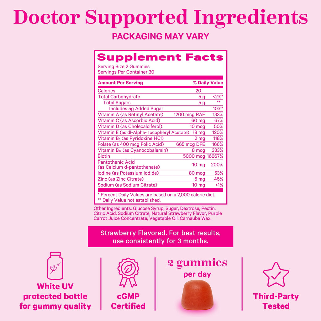 Pink Stork Total Glow Hair, Skin and Nails Gummies with Biotin + B Vitamins, 60 Berry Gummies