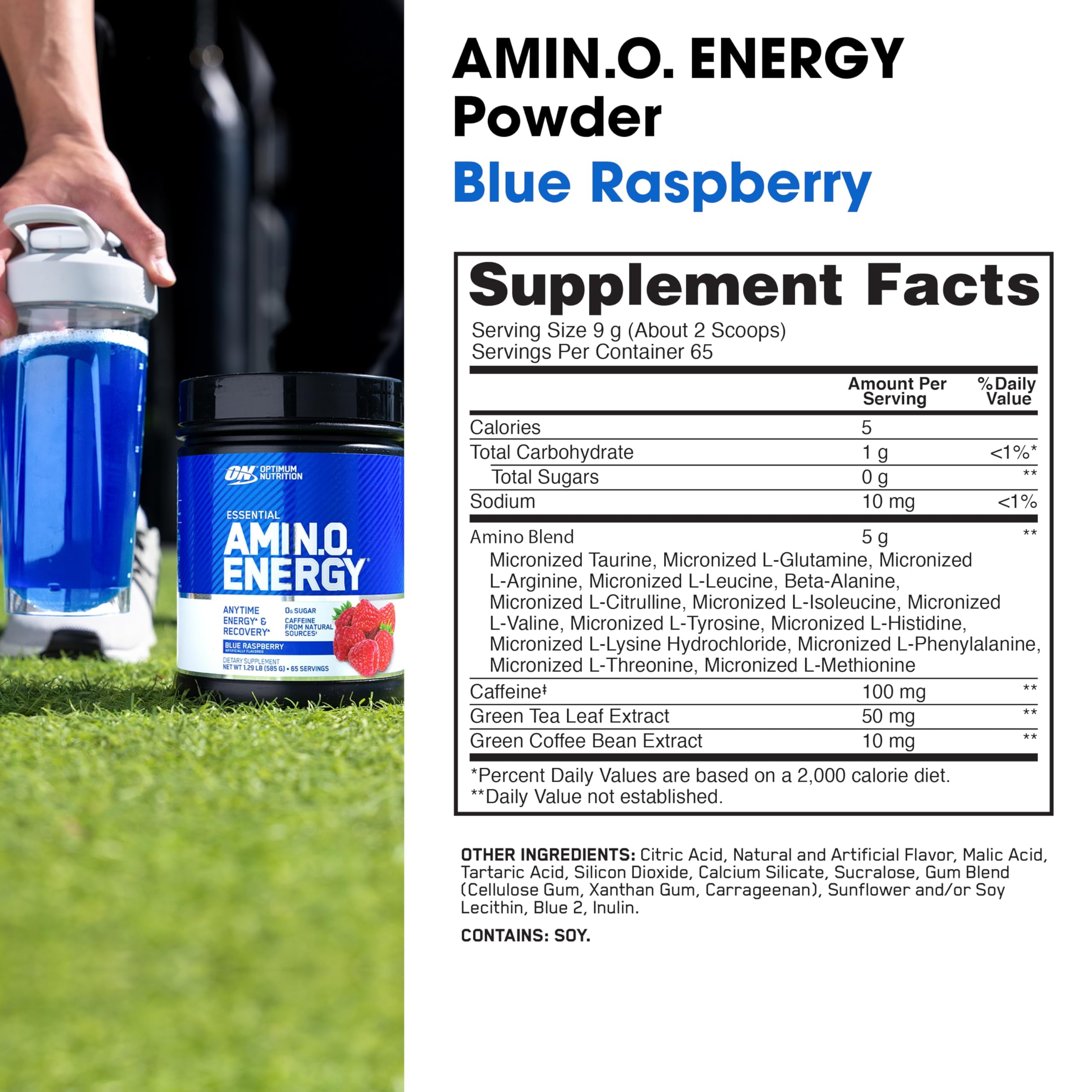 Optimum Nutrition Amino Energy, Pre Workout &amp; Essential Amino Acids, Blue Raspberry, 65 Servings