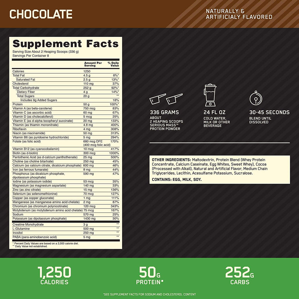 Optimum Nutrition Serious Mass Protein Powder, 50g Protein, (Variety of Sizes &amp; Flavors)