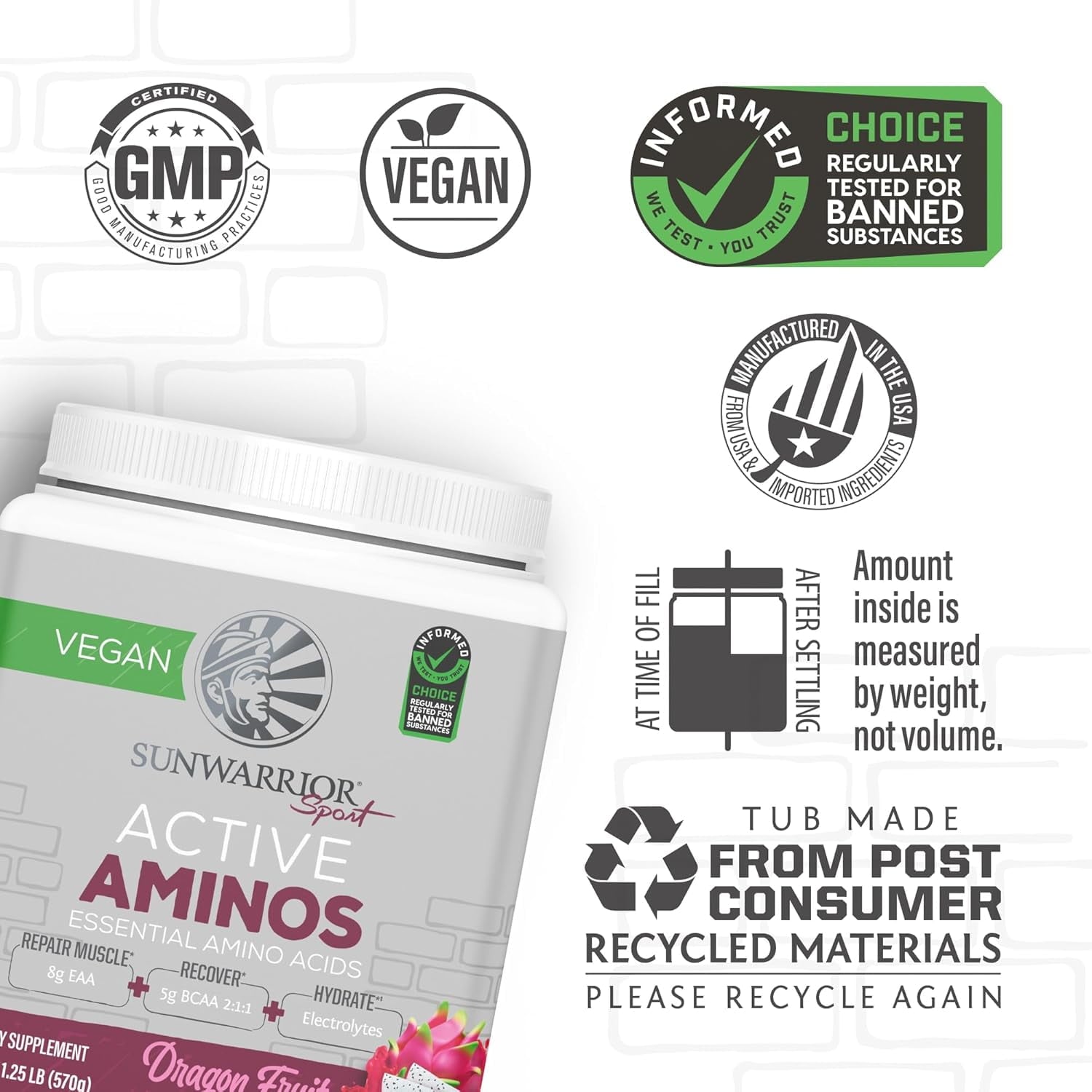 Sunwarrior Amino Energy Powder with Active Amino Acids for Muscle Recovery, Dragon Fruit, 570g