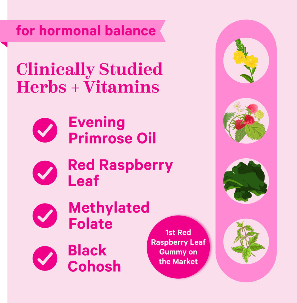 Pink Stork Red Raspberry Leaf Gummies with Evening Primrose Oil, Black Cohosh, Hormone Support, 60 Count