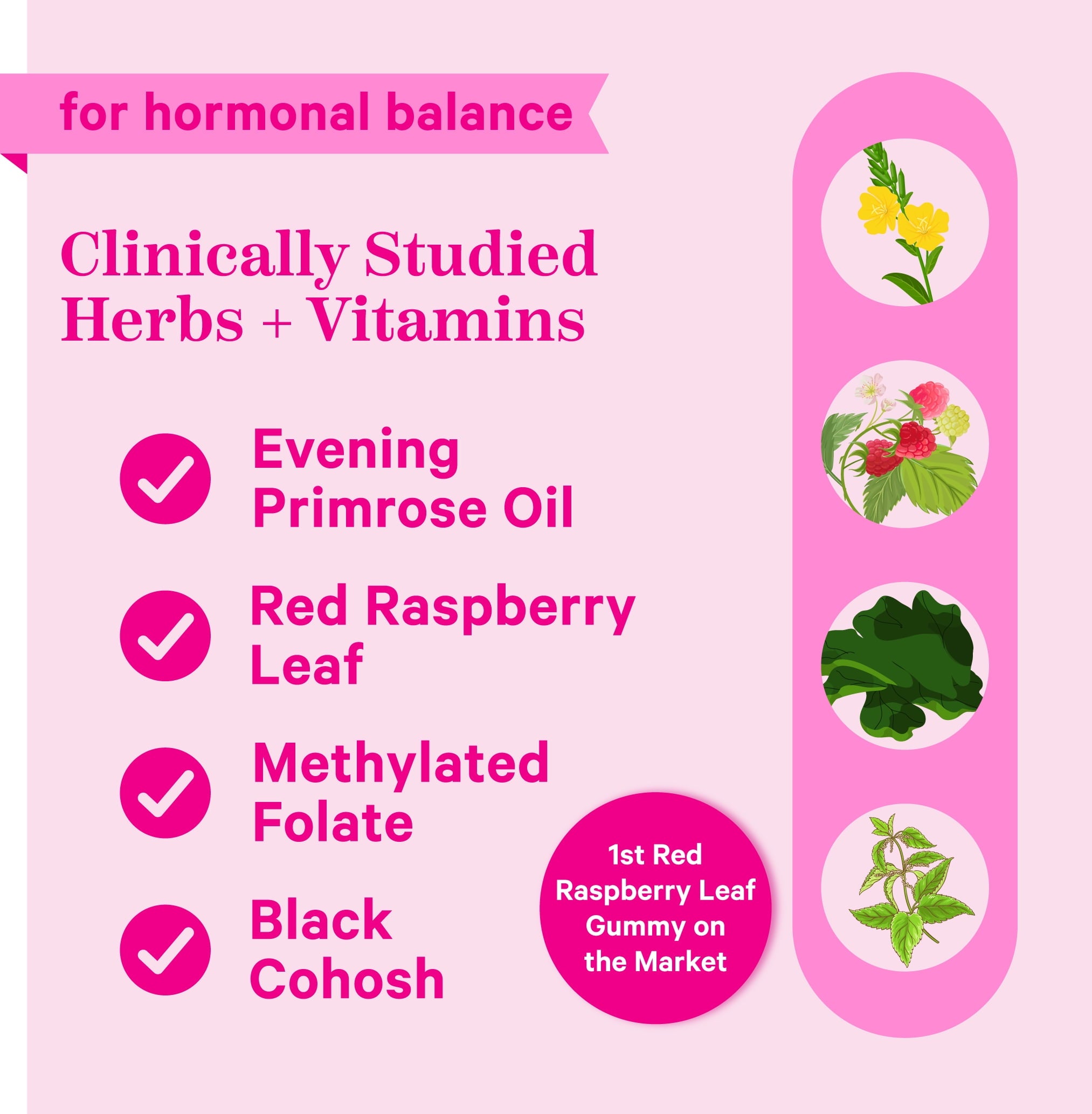 Pink Stork Red Raspberry Leaf Gummies with Evening Primrose Oil, Black Cohosh, Hormone Support, 60 Count