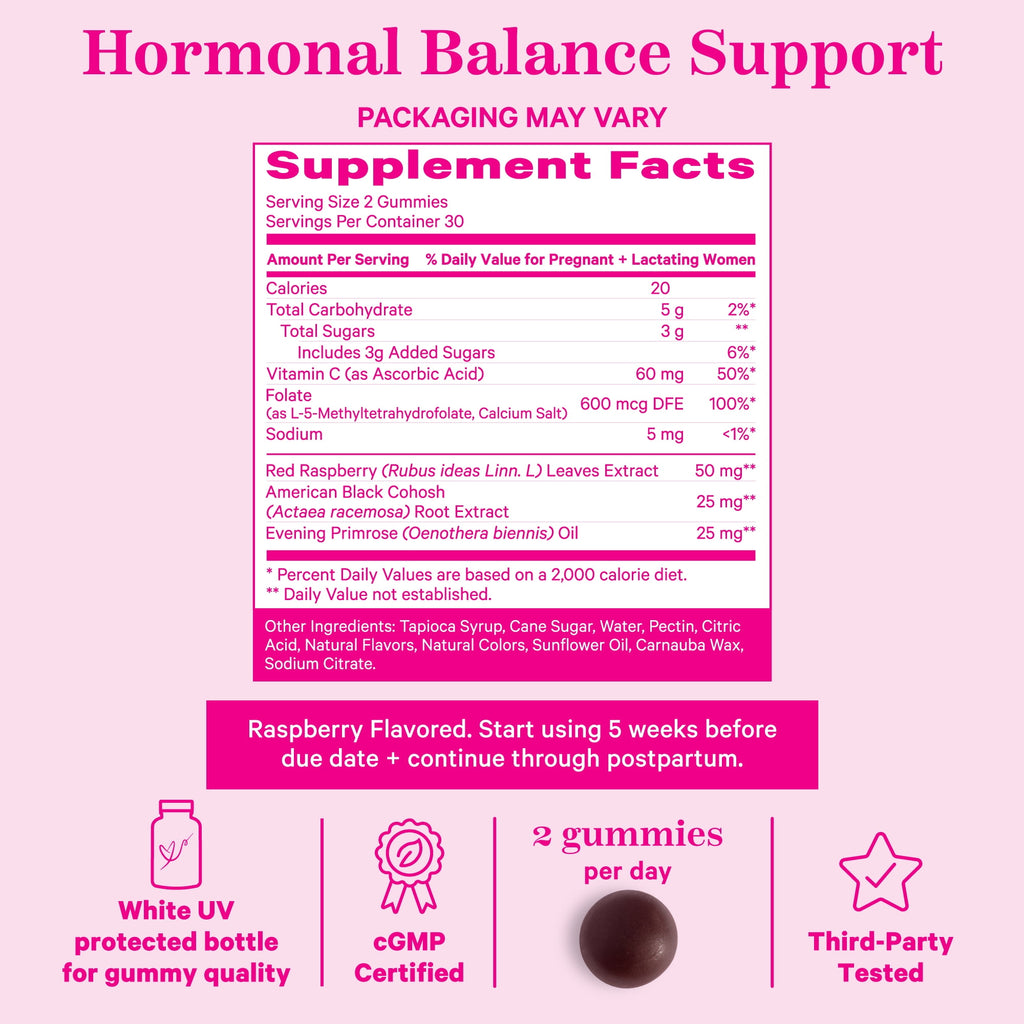 Pink Stork Red Raspberry Leaf Gummies with Evening Primrose Oil, Black Cohosh, Hormone Support, 60 Count