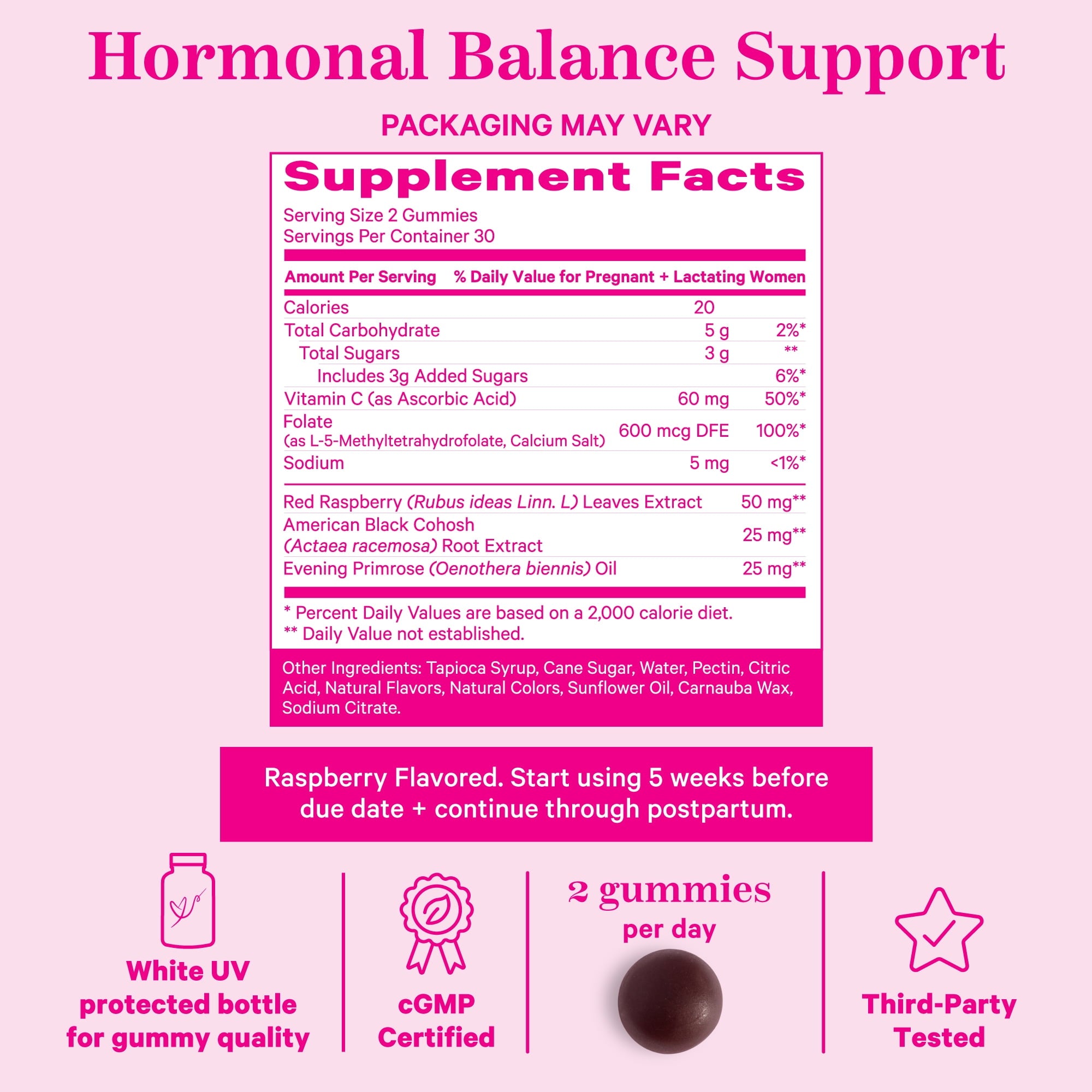 Pink Stork Red Raspberry Leaf Gummies with Evening Primrose Oil, Black Cohosh, Hormone Support, 60 Count