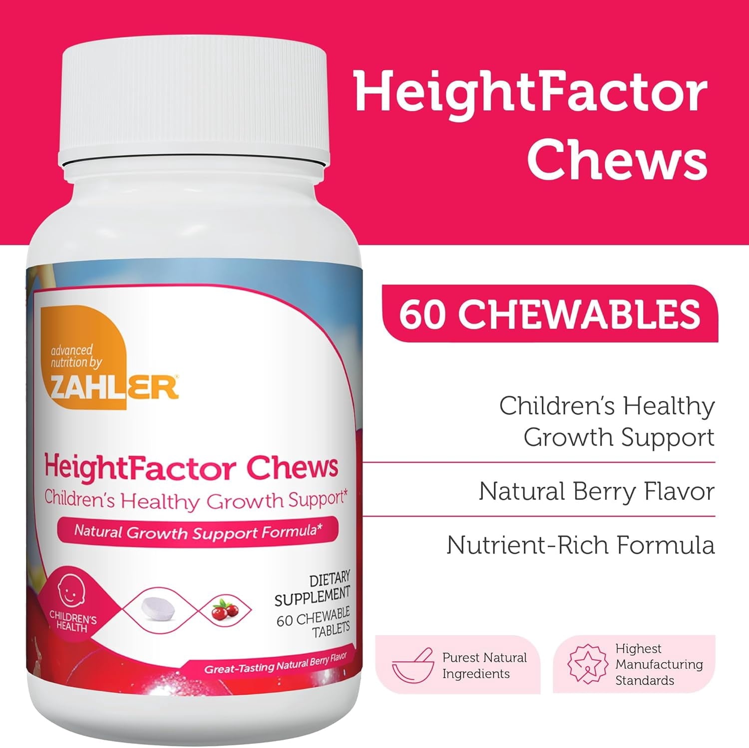 Zahler HeightFactor Chewable Tablets, 60 Count, Natural Kids Height Growth Supplement for Children Age 4+, Growth Support &amp; Development