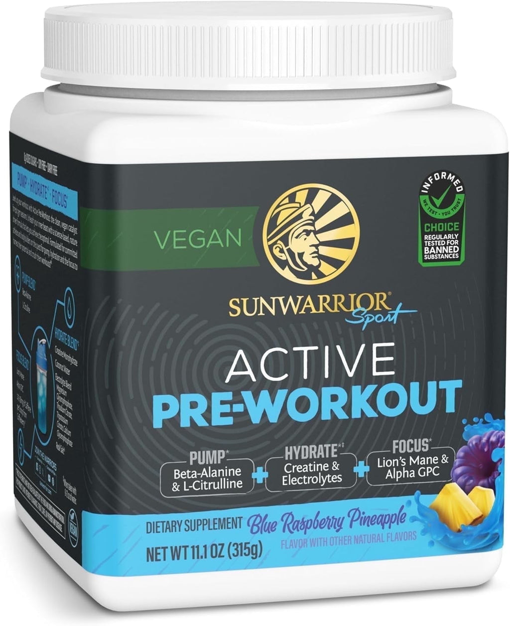 Sunwarrior Active Pre-Workout Powder for Men, Caffeine-Free, Yuzu Mango, 11.1 oz (30 Servings)