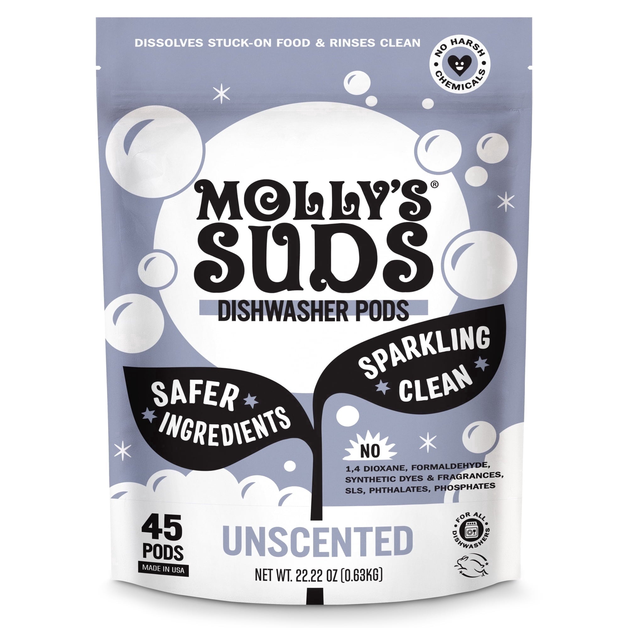Molly's Suds Dishwasher Pods, Natural Dishwasher Detergent, Cuts Grease &amp; Rinses Clean (Residue-Free) for Sparkling Dishes, 45 Auto-Release Tabs (Unscented)