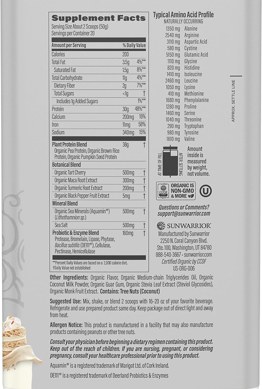 Sunwarrior Organic Active Protein Vegan Protein Powder, Cake Batter, 2.2 lbs (20 Servings)