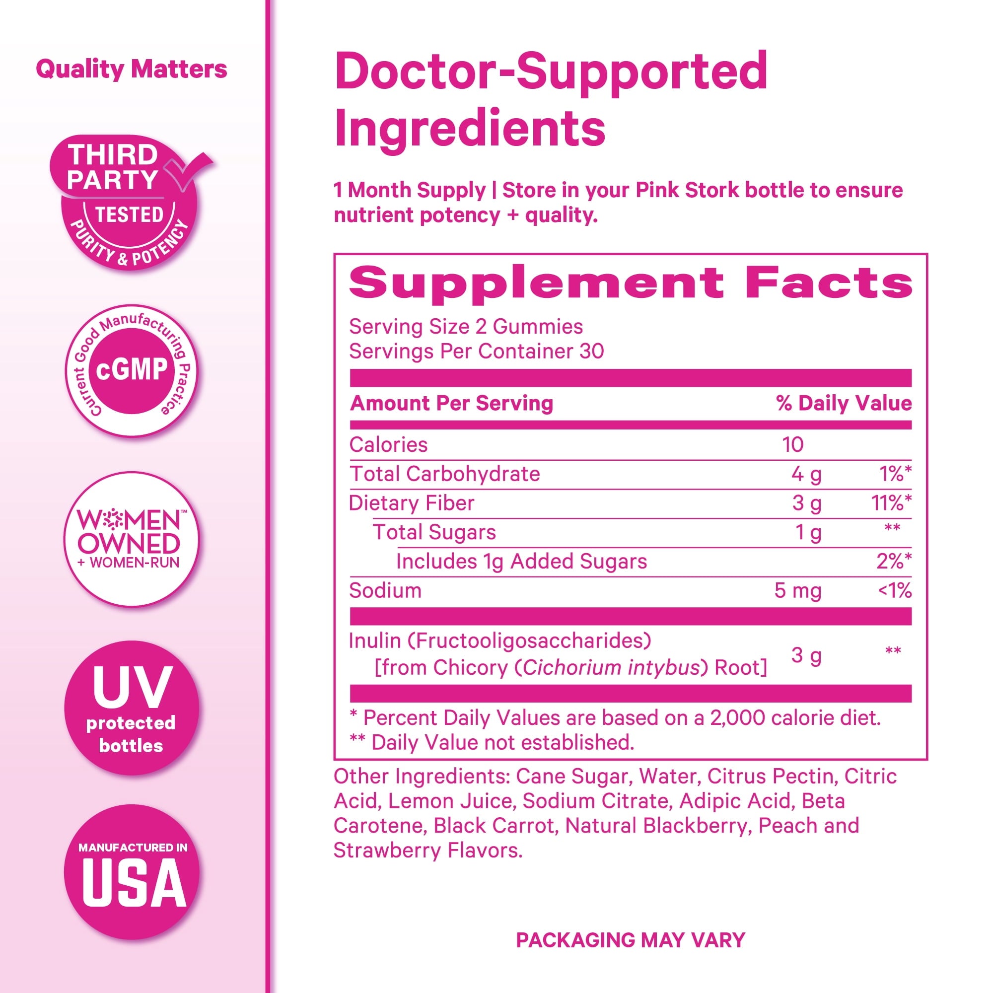 Pink Stork Fiber Gummies - Vegetarian Prebiotic Inulin Digestive Support, Assorted Fruit Flavors, 60 Count