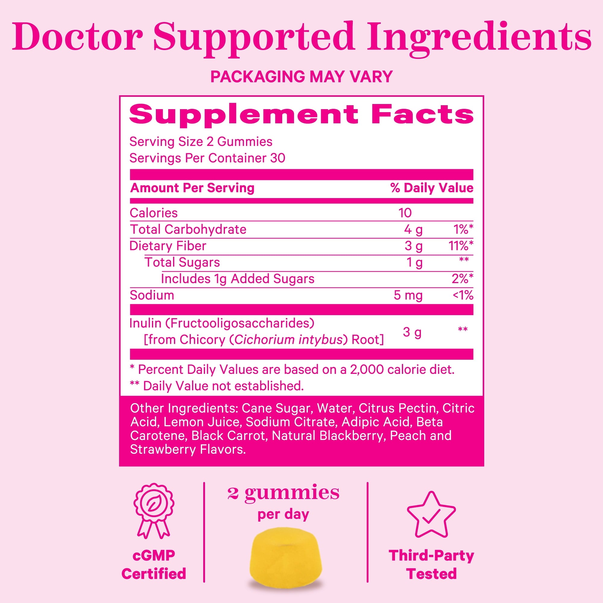 Pink Stork Fiber Gummies - Vegetarian Prebiotic Inulin Digestive Support, Assorted Fruit Flavors, 60 Count