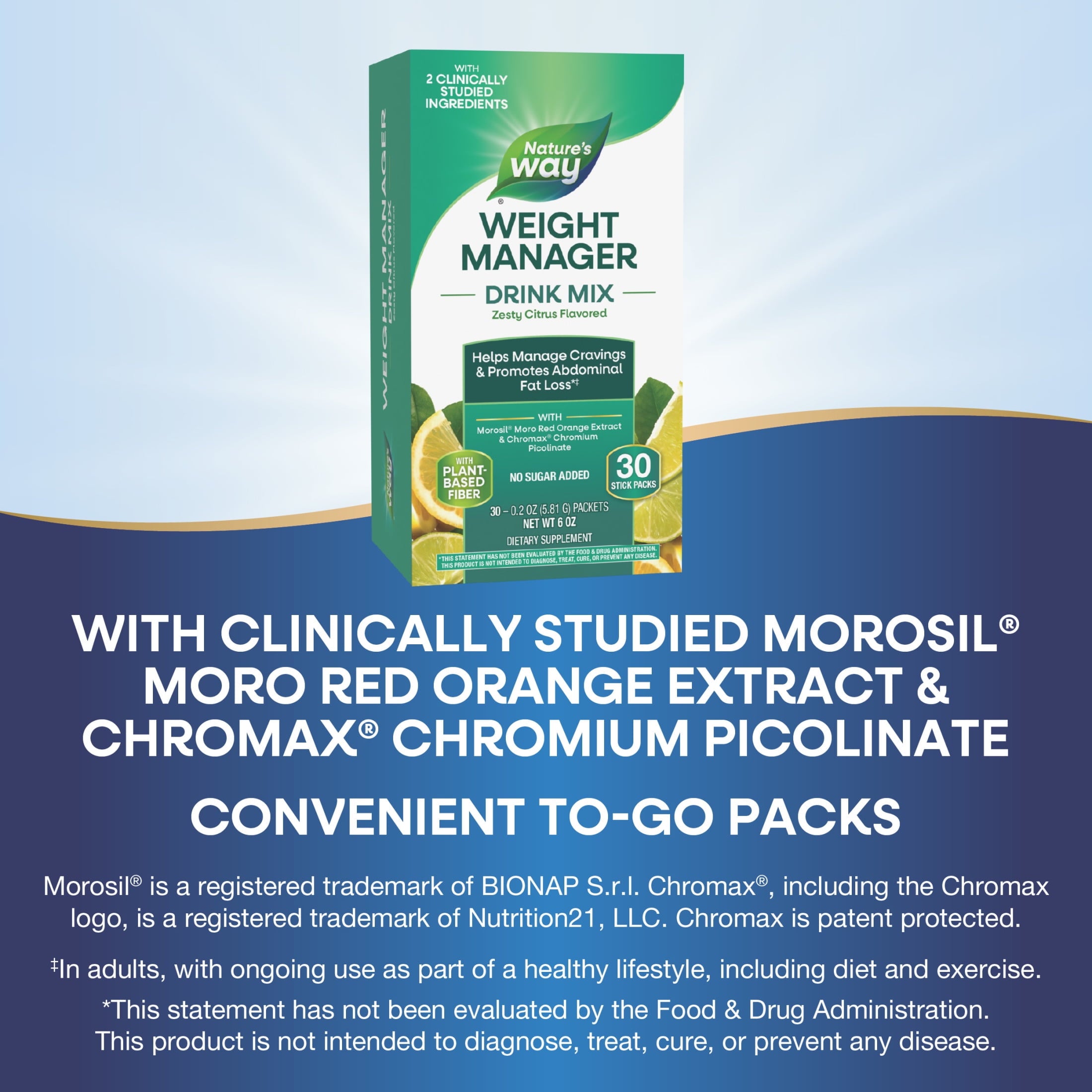 Nature's Way Weight Manager Drink Mix Packs, Plant-Based Fiber, Zesty Citrus Flavored, Unisex, 30ct