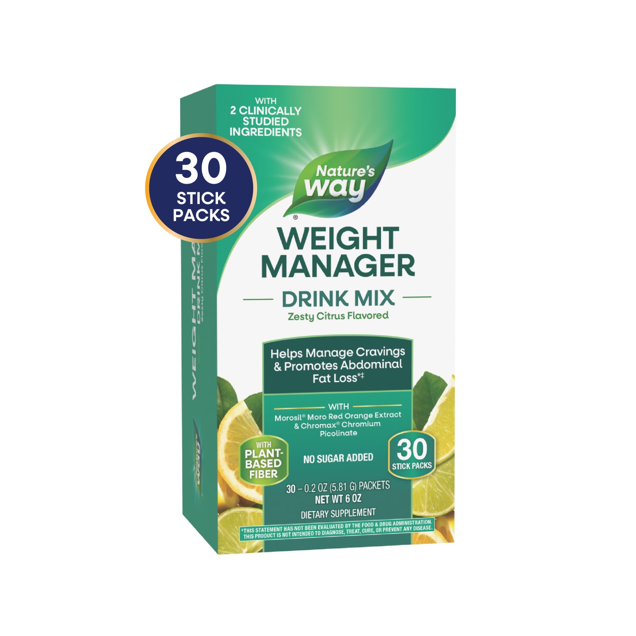 Nature's Way Weight Manager Drink Mix Packs, Plant-Based Fiber, Zesty Citrus Flavored, Unisex, 30ct